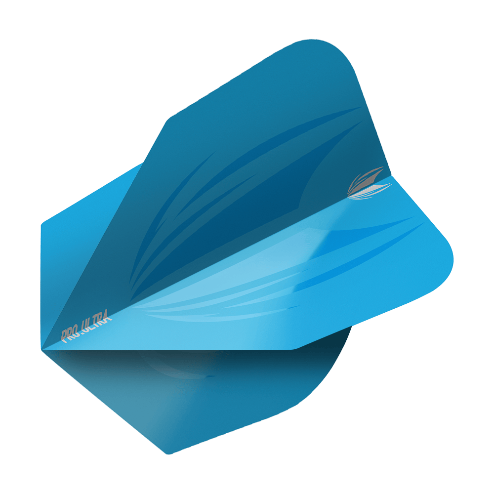 TG439_Target_ProUltra_ID_Lime_Blue_No6_Flights_2 Das Bild zeigt ein blaues Dart-Flight mit einem modernen Design. Auf dem Flight steht "PRO ULTRA" in kleinen Buchstaben geschrieben.