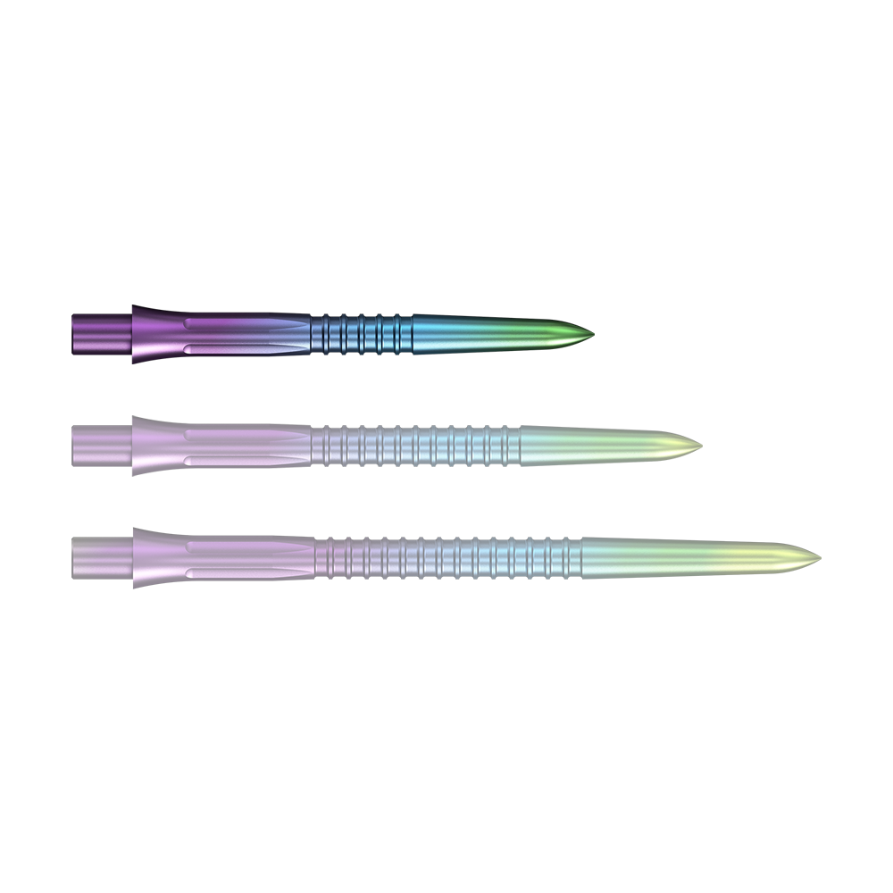 Puntas de dardos Mission Caliburn EVO GV1 - Arcoíris Gezeigt wird eine einzelne Steeldartspitze mit Rainbow-Effekt. Die Oberfläche schimmert in verschiedenen Farbtönen.