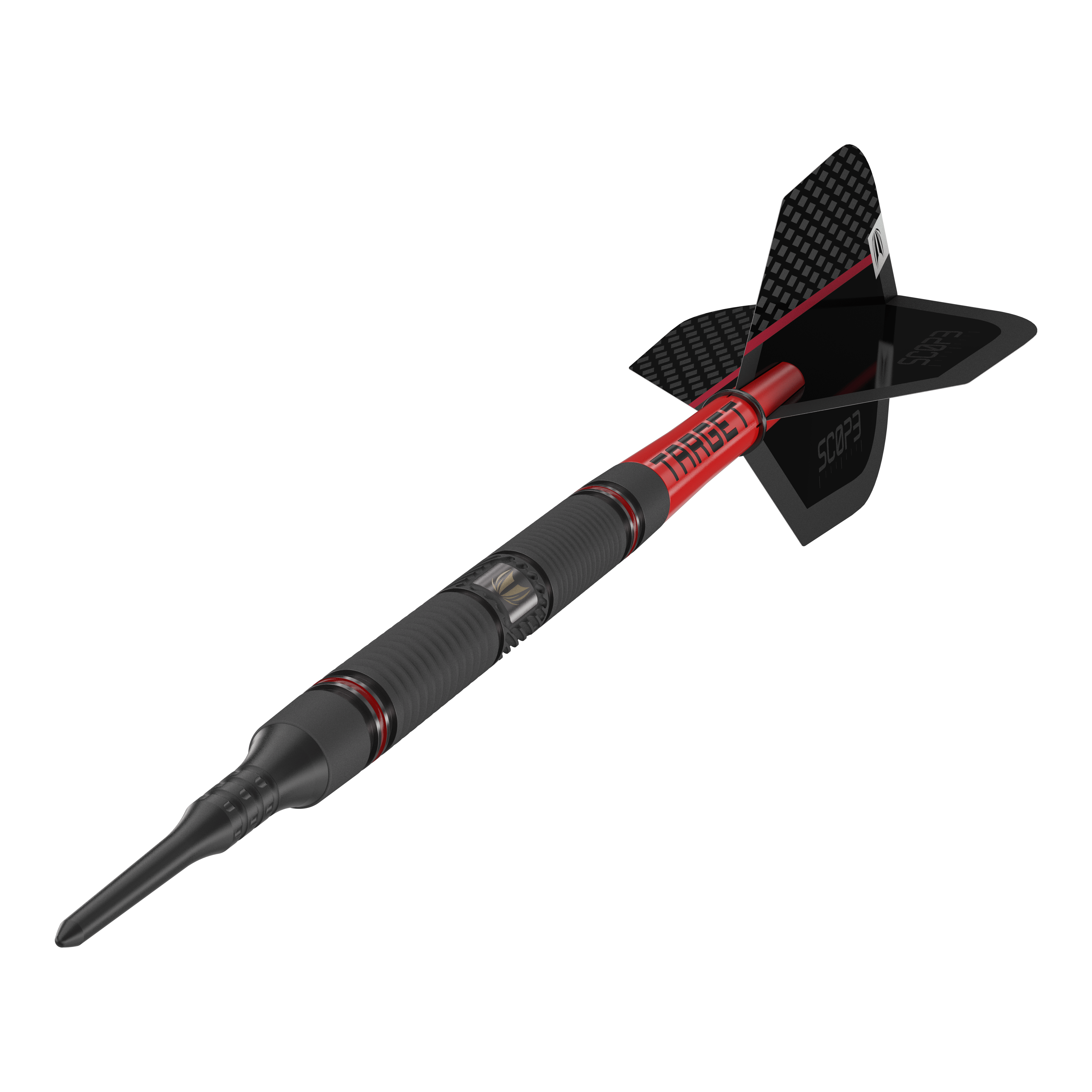 Target Scope 10 Softdarts Das Bild zeigt einen modernen Softdart mit dem Namen "Target Scope 10 Softdarts". Der Dart ist schwarz und rot gestaltet und hat eine auffällige, strukturierte Oberfläche sowie eine schwarze Flight.