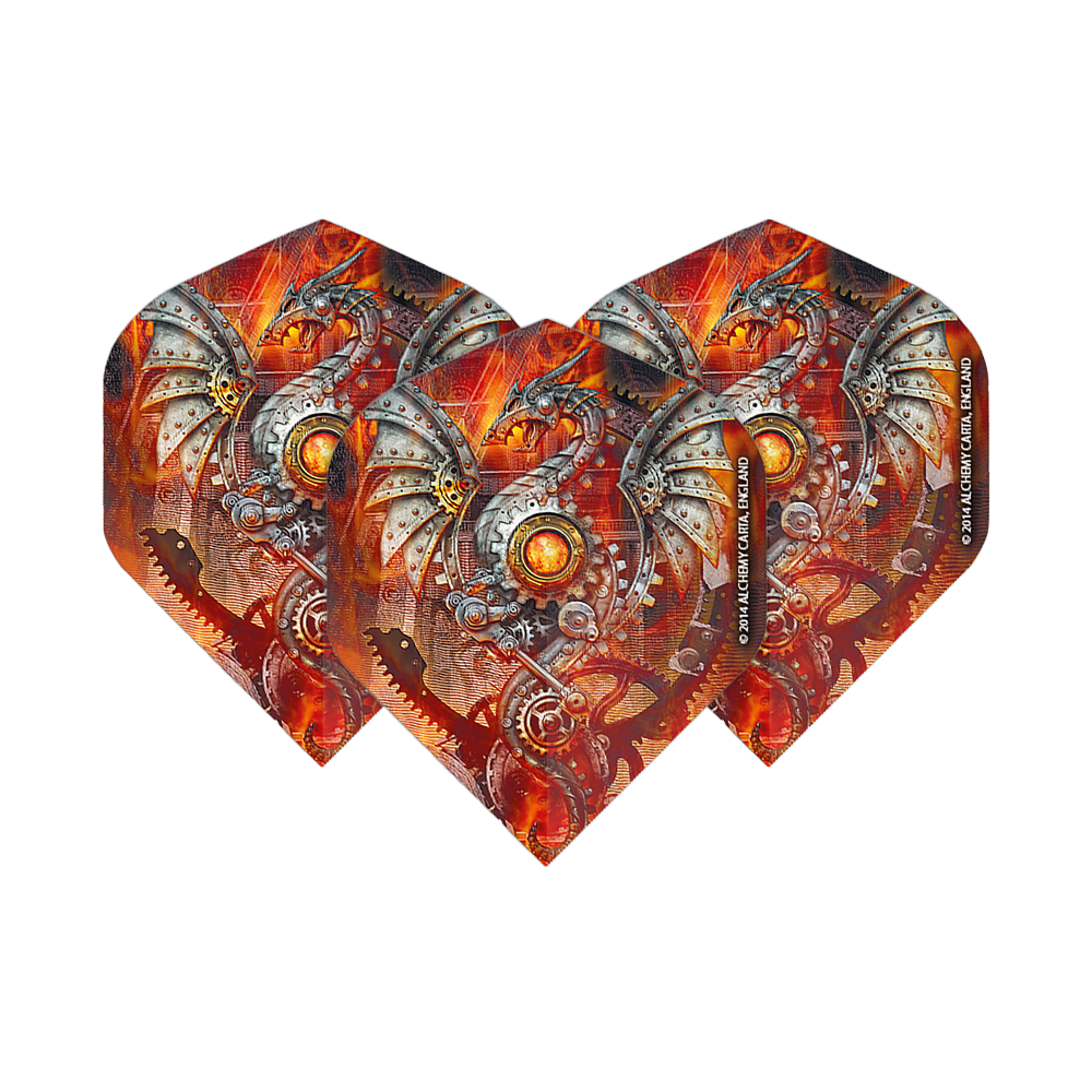 Dragon Alchemy Tech No2 Vols Standard Das Bild zeigt drei Dart-Flights mit einem mechanischen Drachenmotiv in leuchtenden Orange- und Silbertönen. Die Flights sind das Produkt "Alchemy Tech Dragon No2 Standard Flights".