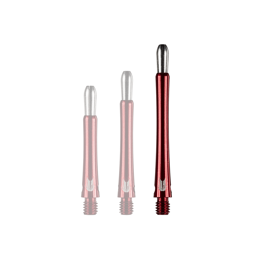 146240_Target_Grip_Style_Aluminium_Shafts_Rot_485mm_1ScOcjkHeY5Z1M Das Bild zeigt drei rote Aluminium-Dartschäfte in unterschiedlichen Längen. Die Schäfte sind glänzend und unten mit einem Gewinde versehen.