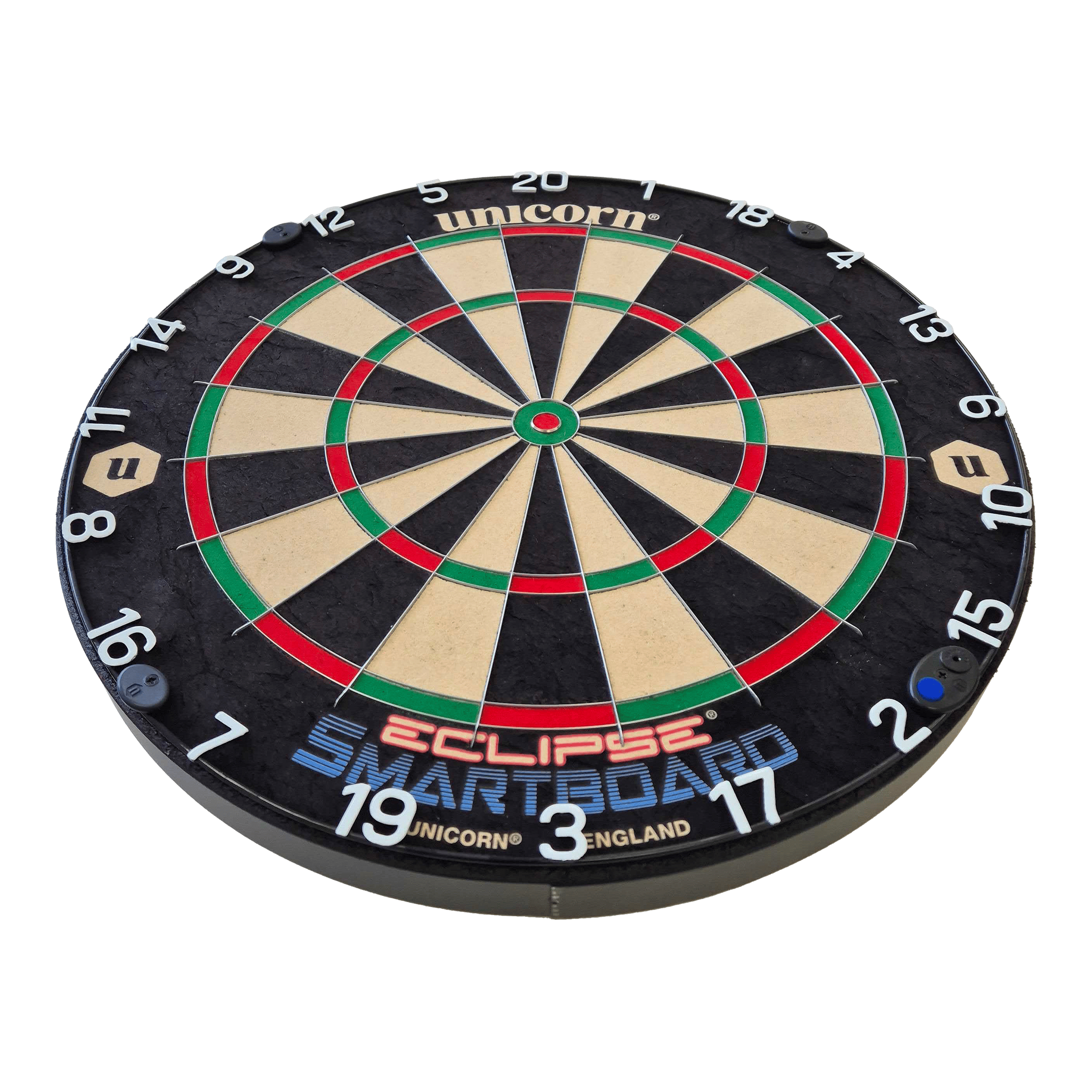 Das Bild zeigt das Produkt "Unicorn Eclipse Smartboard Steeldartboard". Es ist eine runde Dartscheibe mit farbigen Segmenten und weißen Zahlen am Rand.