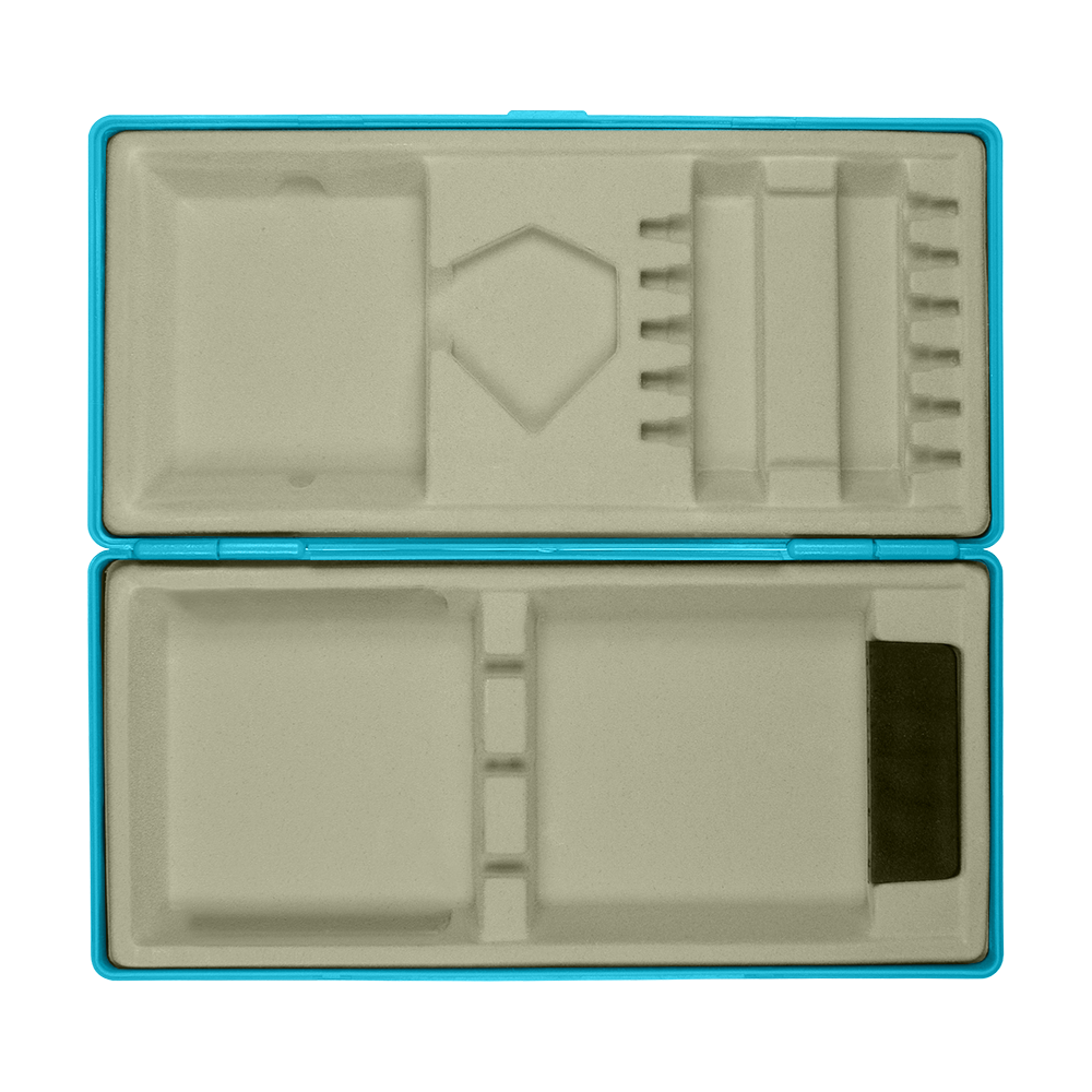 ABS Box Die Abbildung zeigt eine aufgeklappte Box mit Fächern zur Aufbewahrung. Die Box hat einen blauen Rand und verschiedene geformte Einsätze im Inneren.