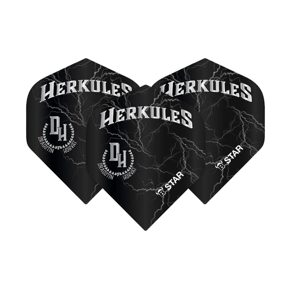 BL51843_Bulls_B-Star_Dragutin_Horvat_No2_Standard_Flights_1I3Zw9LYfF49bA Das Bild zeigt drei schwarze Dartflights mit dem weißen Schriftzug "HERKULES" und einem Blitzmuster. Darunter stehen die Initialen "DH" sowie die Namen "Dragutin Horvat" und der Markenname "B-Star".