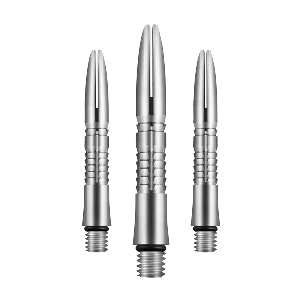 Aste Shot Mako Titanium Auf dem Bild sind drei silberne Dartschäfte aus Titan zu sehen. Sie haben ein gerilltes Design und ein Schraubgewinde am unteren Ende.