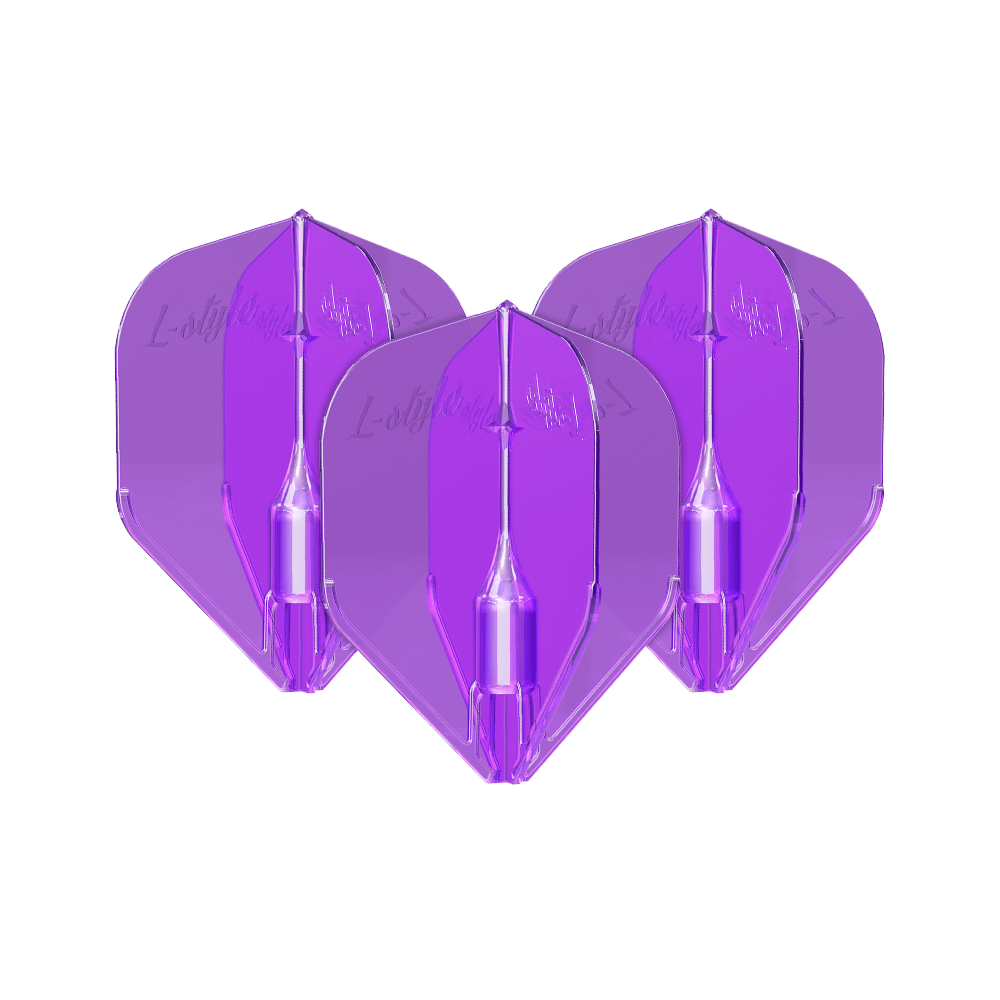 Plumas L-Style Fantom L3EZ Moradas Das Bild zeigt drei violette L-Style Fantom L3EZ Flights für Darts. Sie sind nebeneinander angeordnet und haben eine glänzende, transparente Oberfläche.