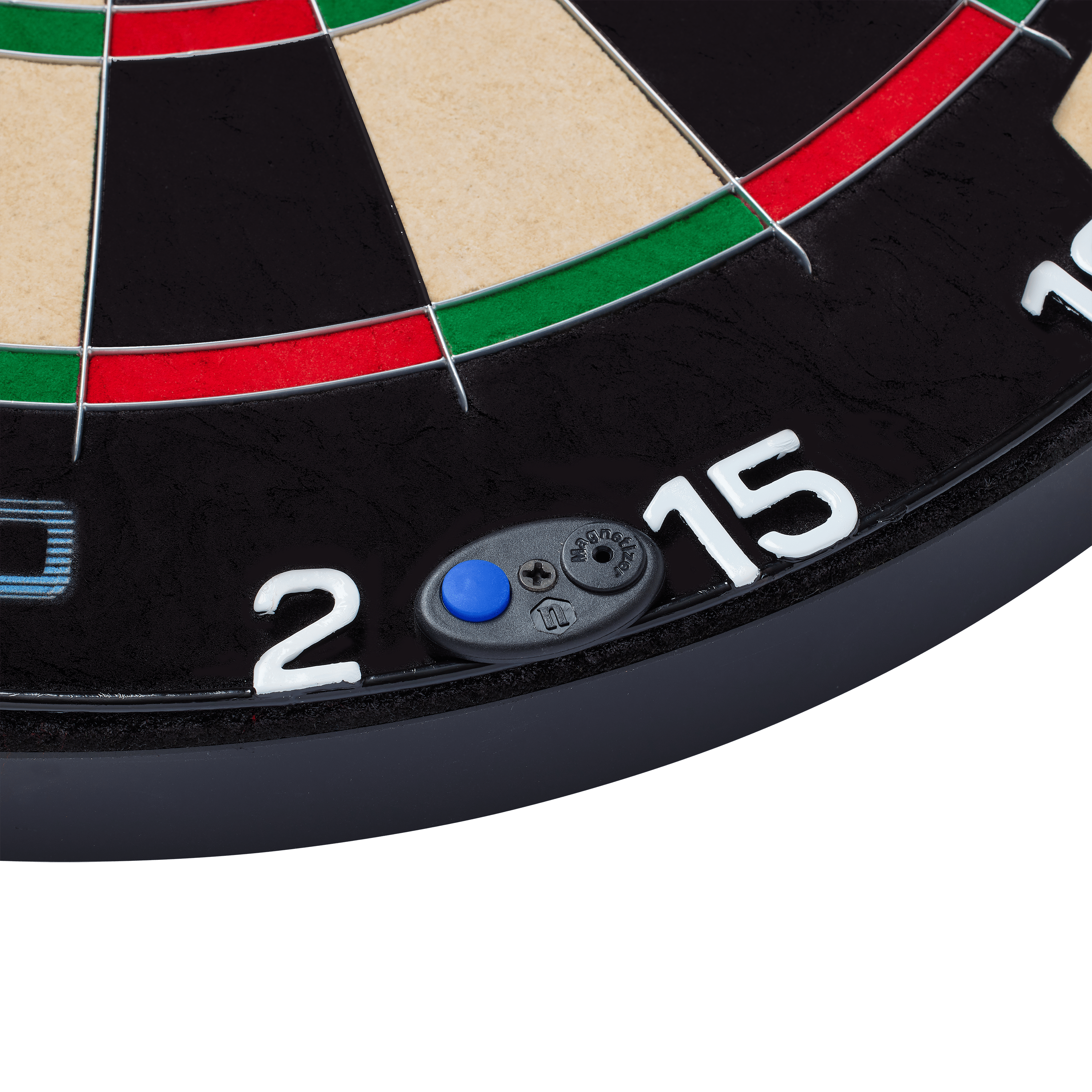 Unicorn Eclipse Smartboard Steeldartboard Das Bild zeigt einen Ausschnitt eines Steeldartboards mit den Zahlen 2 und 15. Es handelt sich um das Produkt "Unicorn Eclipse Smartboard", das auch einen kleinen blauen Knopf am Rand besitzt.