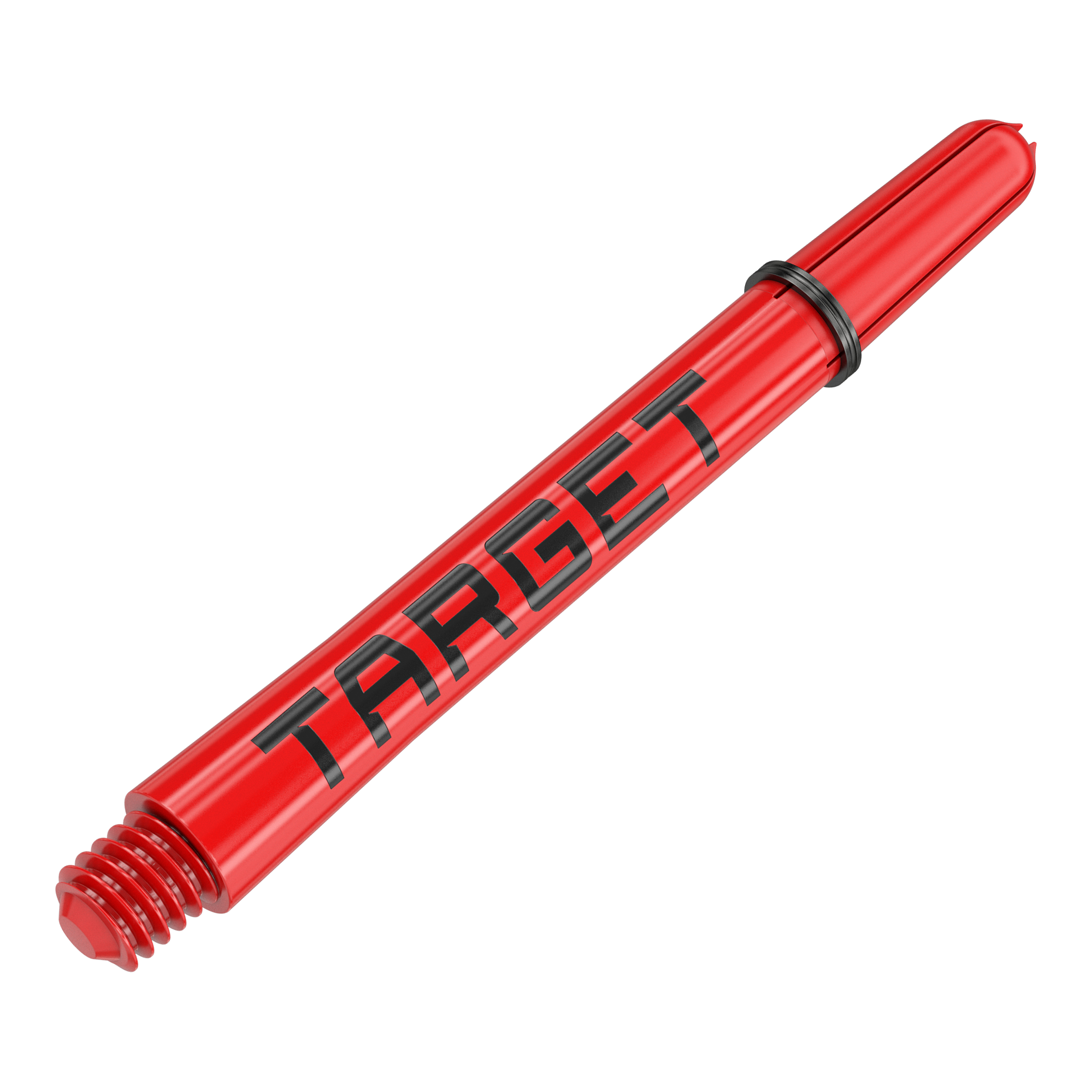 Auf dem Bild ist ein roter Dart-Schaft mit der Aufschrift "TARGET" zu sehen. Der Schaft hat am Ende ein Schraubgewinde und einen schwarzen Gummiring.