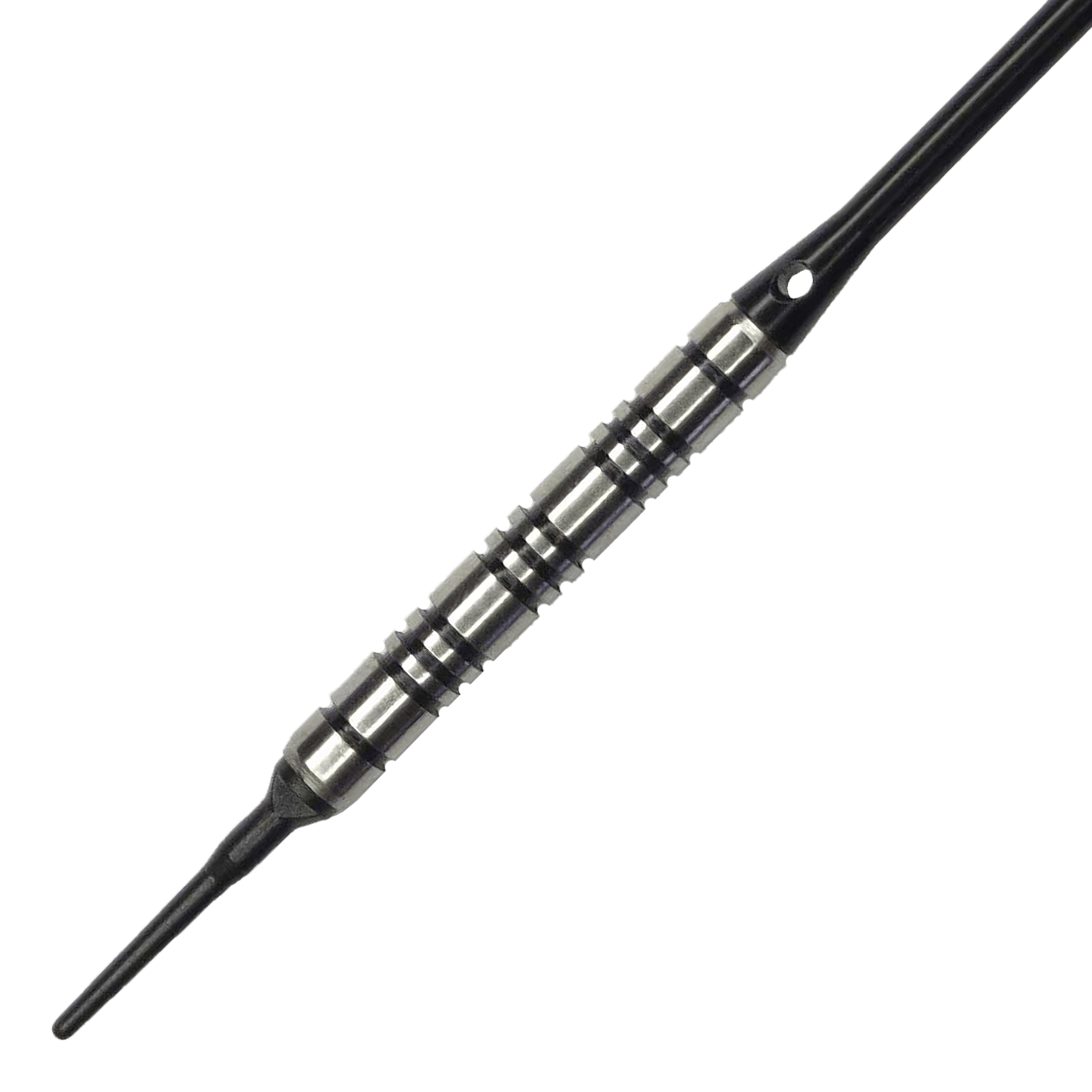 McDart 85er Tungsten V2 Softdarts - 17g Das Bild zeigt einen McDart 85er Tungsten V2 Softdart mit einem Gewicht von 17g. Der Dart besteht aus silbernem Metall mit schwarzen Rillen und besitzt eine schwarze Kunststoffspitze.