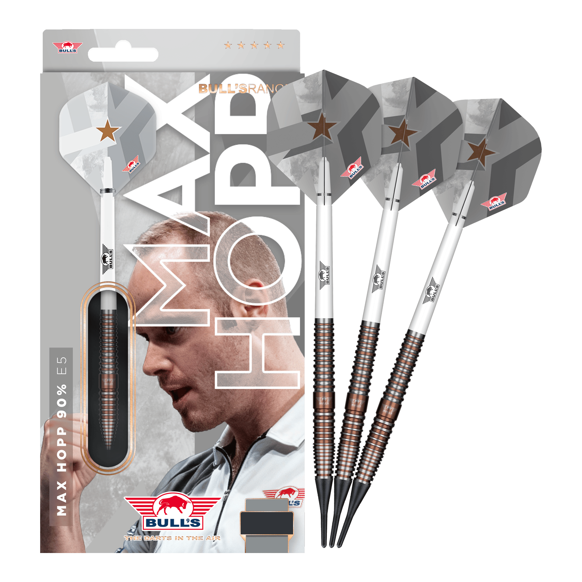 Dardos blandos Bulls NL Max Hopp E5 - 20 g Zu sehen ist das Set Bulls NL Max Hopp E5 Softdarts im Gewicht 20g. Die Darts sind ideal für Softdart-Enthusiasten geeignet.