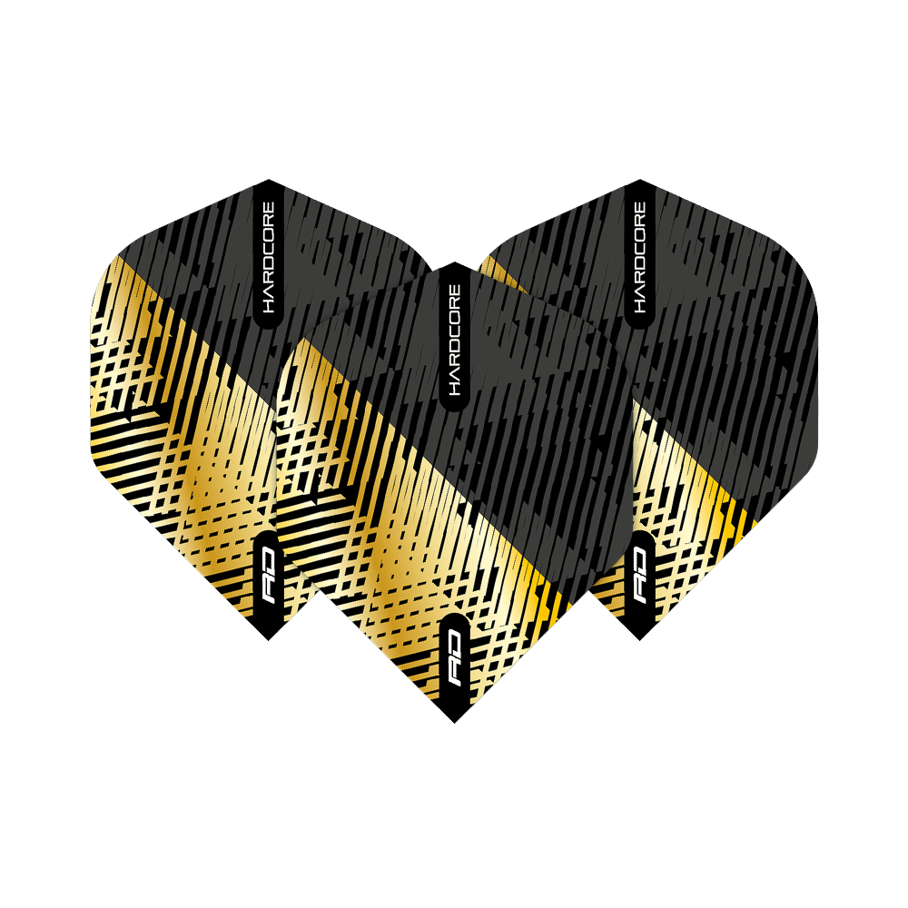 TF6832_Red_Dragon_Hardcore_Premium_Gold_Black_Fleck_Standard_Flights_1ppt7TGUzJTpOO Das Bild zeigt die Red Dragon Hardcore Premium Gold Black Fleck Standard Flights. Die Flights haben ein modernes Design in Schwarz und Gold mit auffälligen Linienmustern.