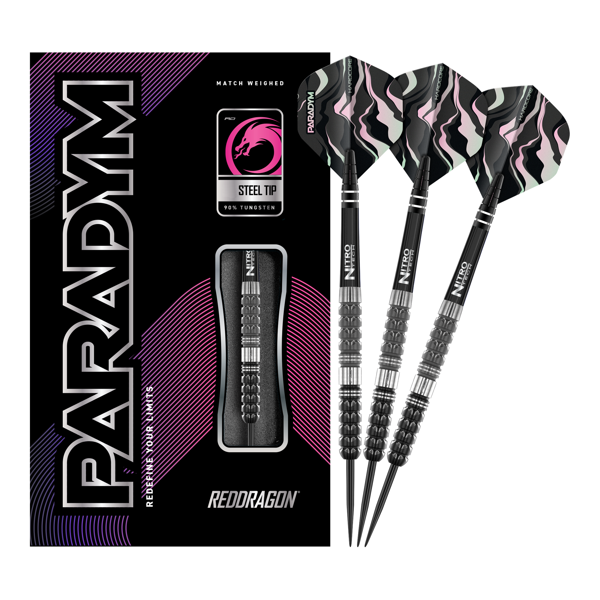 Dardos de acero cónicos Red Dragon Paradym Das Bild zeigt das Produkt "Red Dragon Paradym Tapered Steeldarts" mit einer schwarzen Verpackung und drei Steeldarts. Die Darts haben schwarze, silberne und rosafarbene Details sowie auffällige Flights.