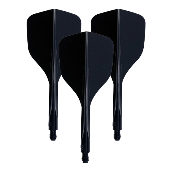 Condor Ax 120 Flight System Nero - Piccolo Das Bild zeigt drei schwarze Dart-Flights mit integriertem Schaft. Es handelt sich um das Produkt "Condor Axe 120 Flight-System Schwarz - Small".