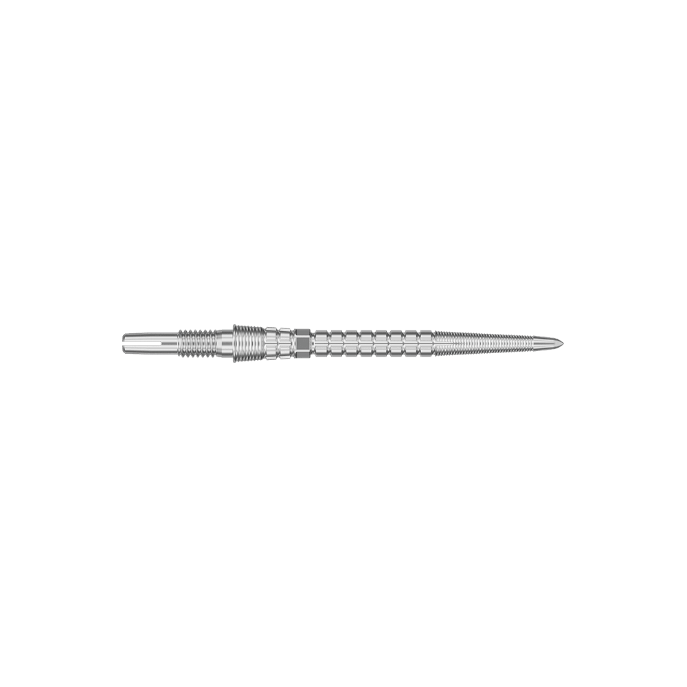 Target Chrono Swiss Storm Point Dart Tips - Silver Zwei silberfarbene Dartspitzen werden angezeigt. Die Spitzen sind parallel und nebeneinander ausgerichtet.