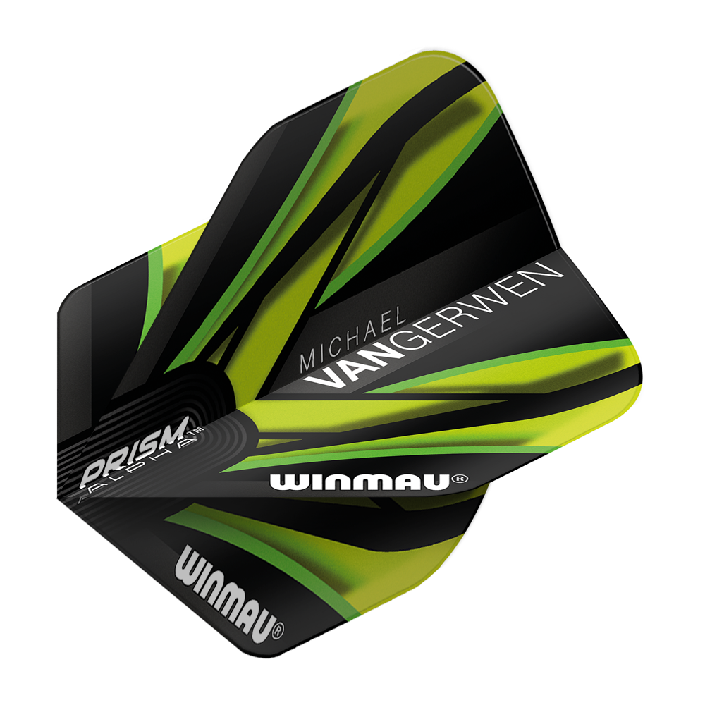 6915-145_Winmau_Prism_Alpha_MvG_Black_Green_V2_Standard_Flights_2 Winmau Prism Alpha MvG Black Green V2 Standard Flights als Set dargestellt. Sie zeigen klare Konturen.