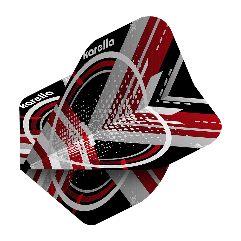 8032-10_Karella_XT-3_No2_Standard_Flights_2 Das Bild zeigt die Karella XT-3 No2 Standard Flights mit einem modernen, grafischen Design in Rot, Schwarz, Weiß und Grau. Der Schriftzug „Karella“ ist auf den Flights deutlich sichtbar.