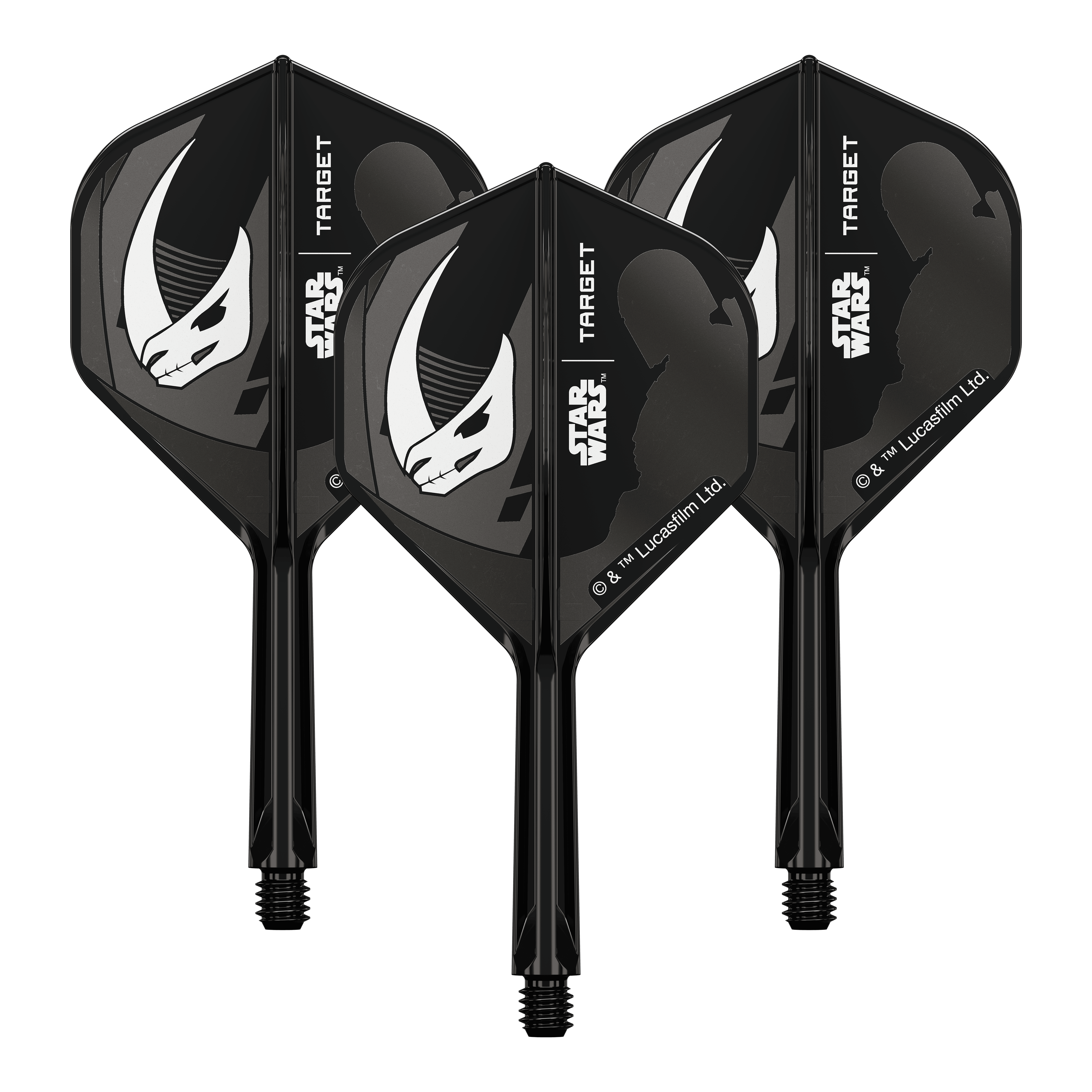Das Bild zeigt das Produkt mit dem Dateinamen 410621_Target_StarWars_K-Flex_Mandalorian_Armour_No2_Standard_Flights_26mm_2a. Es handelt sich vermutlich um einen weiteren Dart-Flight im Mandalorian Design.
