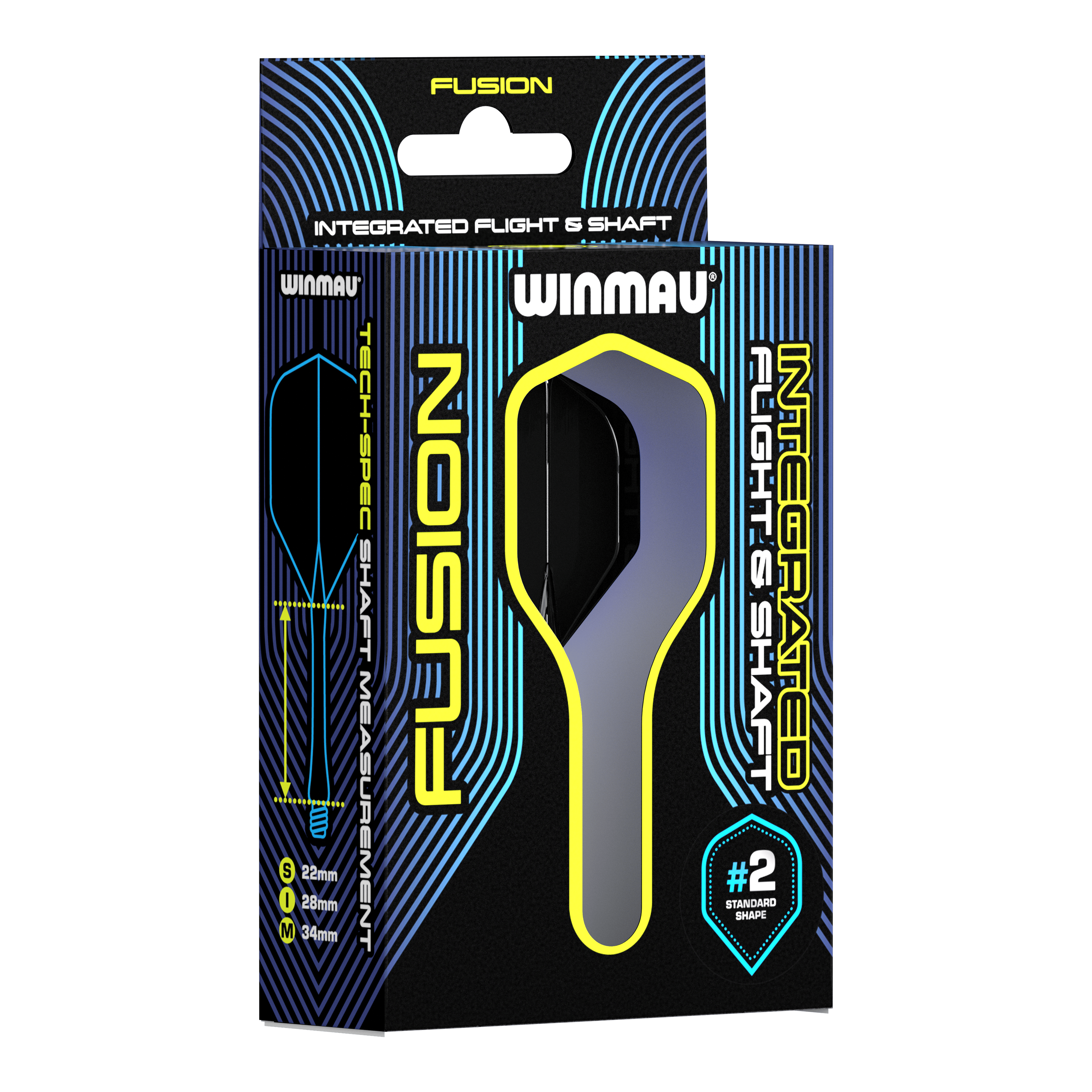 Sistema di alberi di volo Winmau Fusion standard nero Auf dem Bild ist eine Verpackung des Winmau Fusion Integrated Flight & Shaft Systems zu sehen. Die Schachtel ist schwarz mit blauen und gelben Akzenten und enthält Flights und Shafts für Darts.