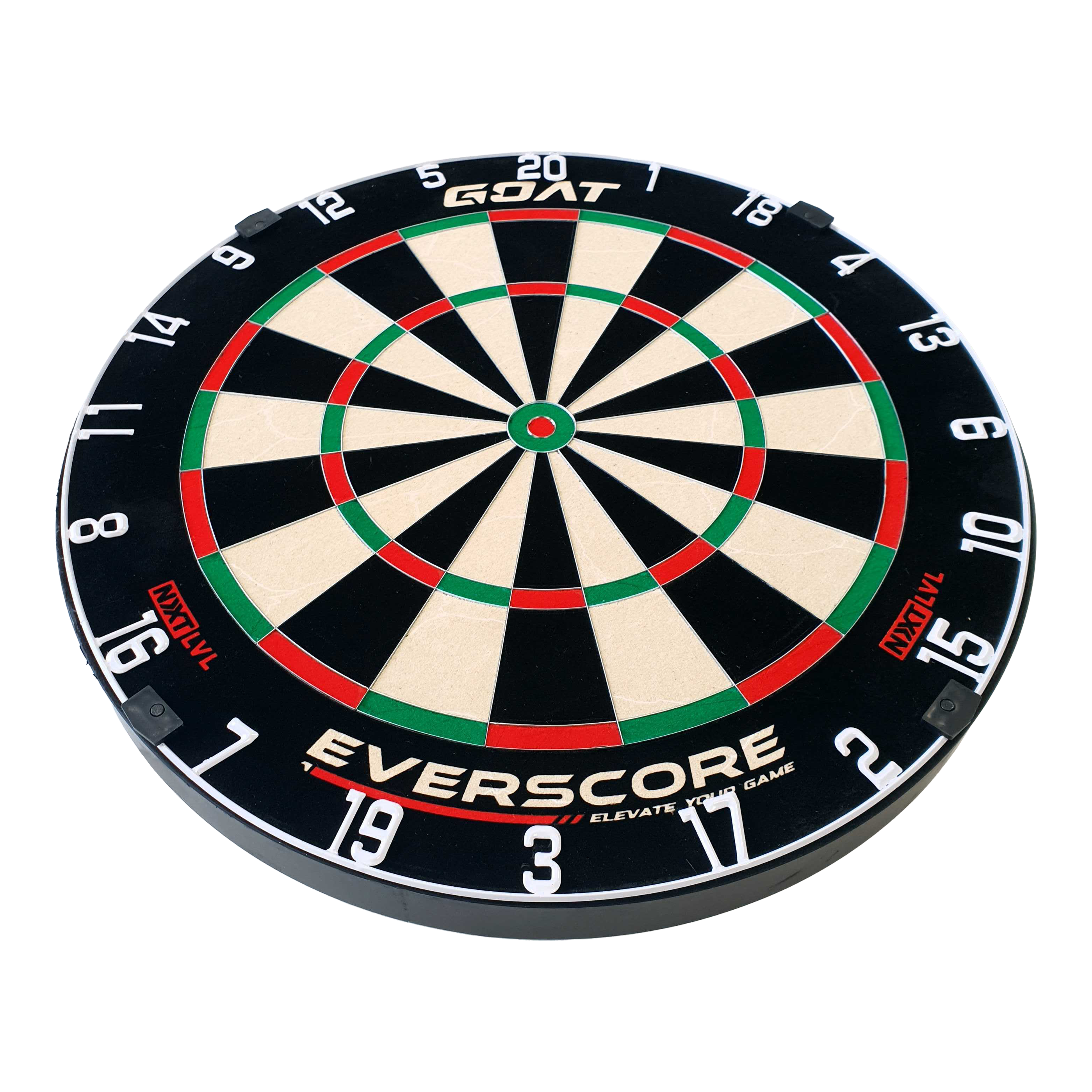 Diana de acero GOAT Everscore Das Bild zeigt eine GOAT Everscore Steeldartboard. Die Dartscheibe ist rund und hat farbige Segmente sowie gut sichtbare Zahlen am Rand.