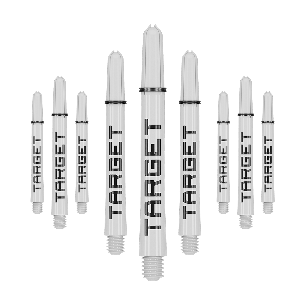 Wałki Target Pro Grip TAG – 3 zestawy – białe Das Bild zeigt neun weiße Dartschäfte mit der Aufschrift "TARGET" in schwarzer Schrift. Sie sind in zwei Reihen angeordnet, wobei die mittleren Schäfte größer erscheinen.