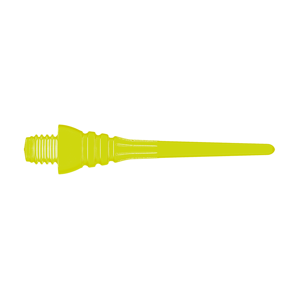 Winmau Triton Softtip Points Softdartspitzen (50-er Pack) Auf dem Bild ist eine gelbe Softdartspitze zu sehen. Sie hat ein Schraubgewinde auf der linken Seite und läuft nach rechts spitz zu.