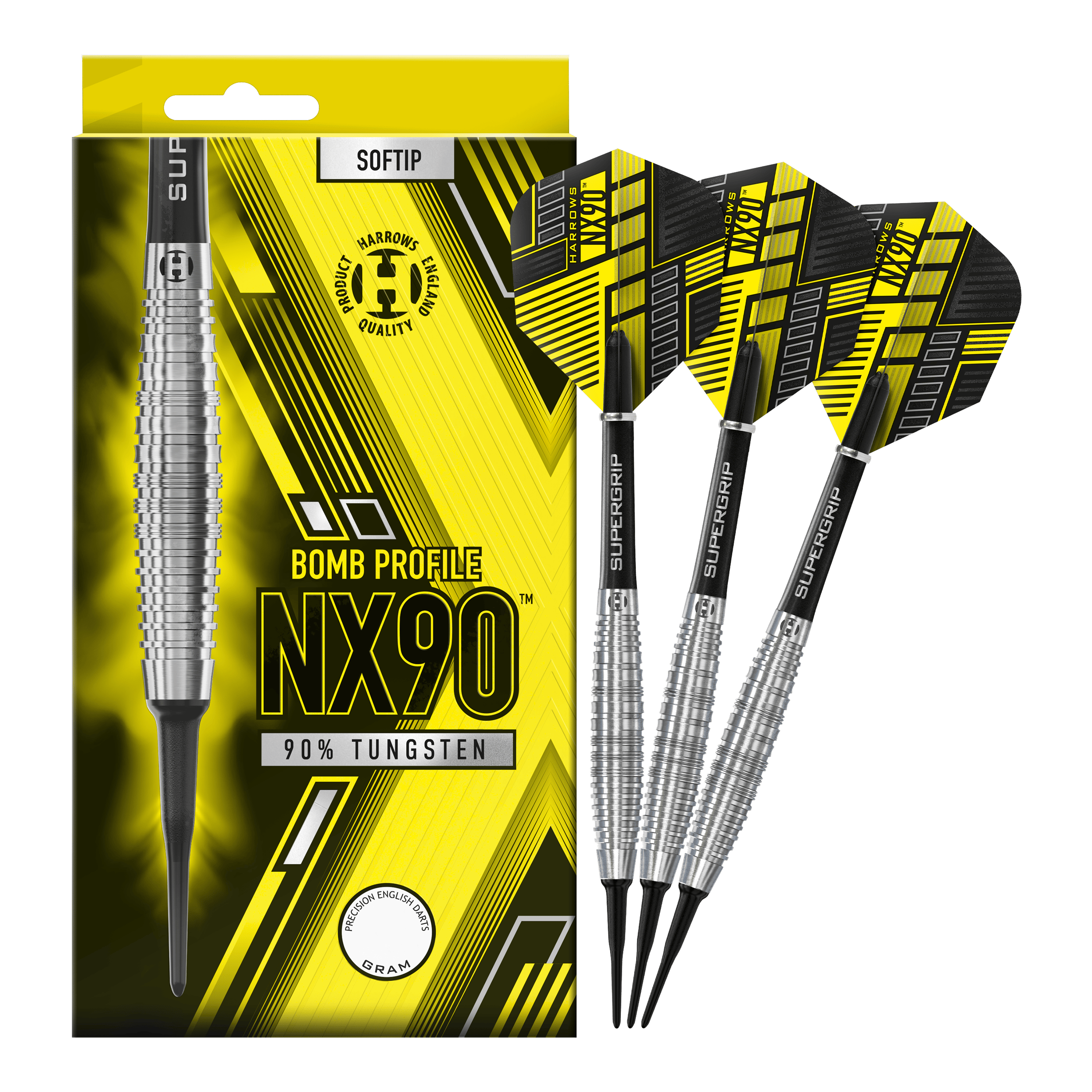 Freccette morbide Harrows NX90 Bomb Das Bild zeigt eine Packung Harrows NX90 Bomb Softdarts mit auffälligem gelb-schwarzem Design. Neben der Verpackung sind drei Softdarts mit silbernen Griffen und schwarzen Flights zu sehen.