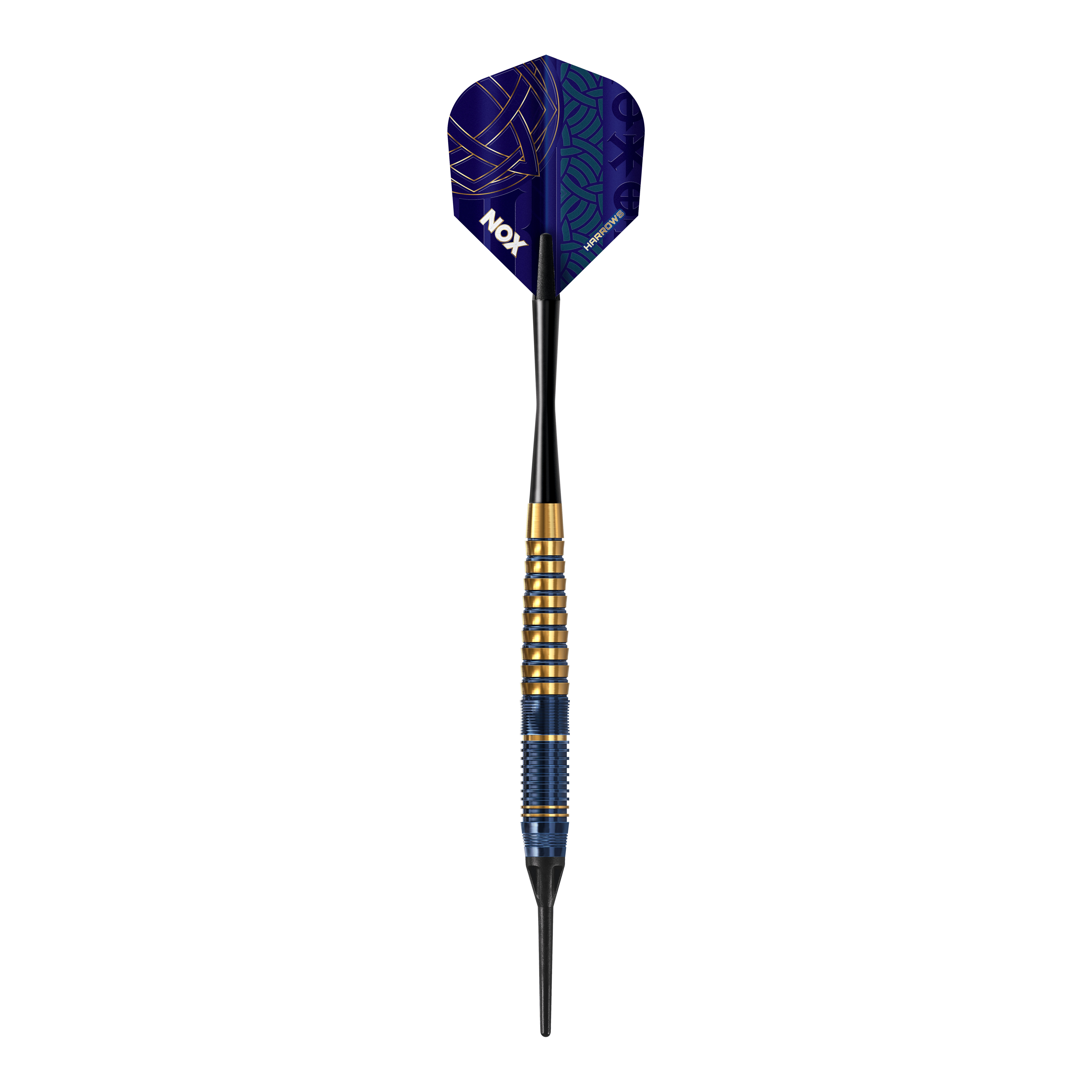 Dardos blandos de latón premium Harrows Nox Harrows Nox Premium Brass Softdarts. Gezeigt wird ein Softdart-Set aus der Nox Premium Brass Serie von Harrows.