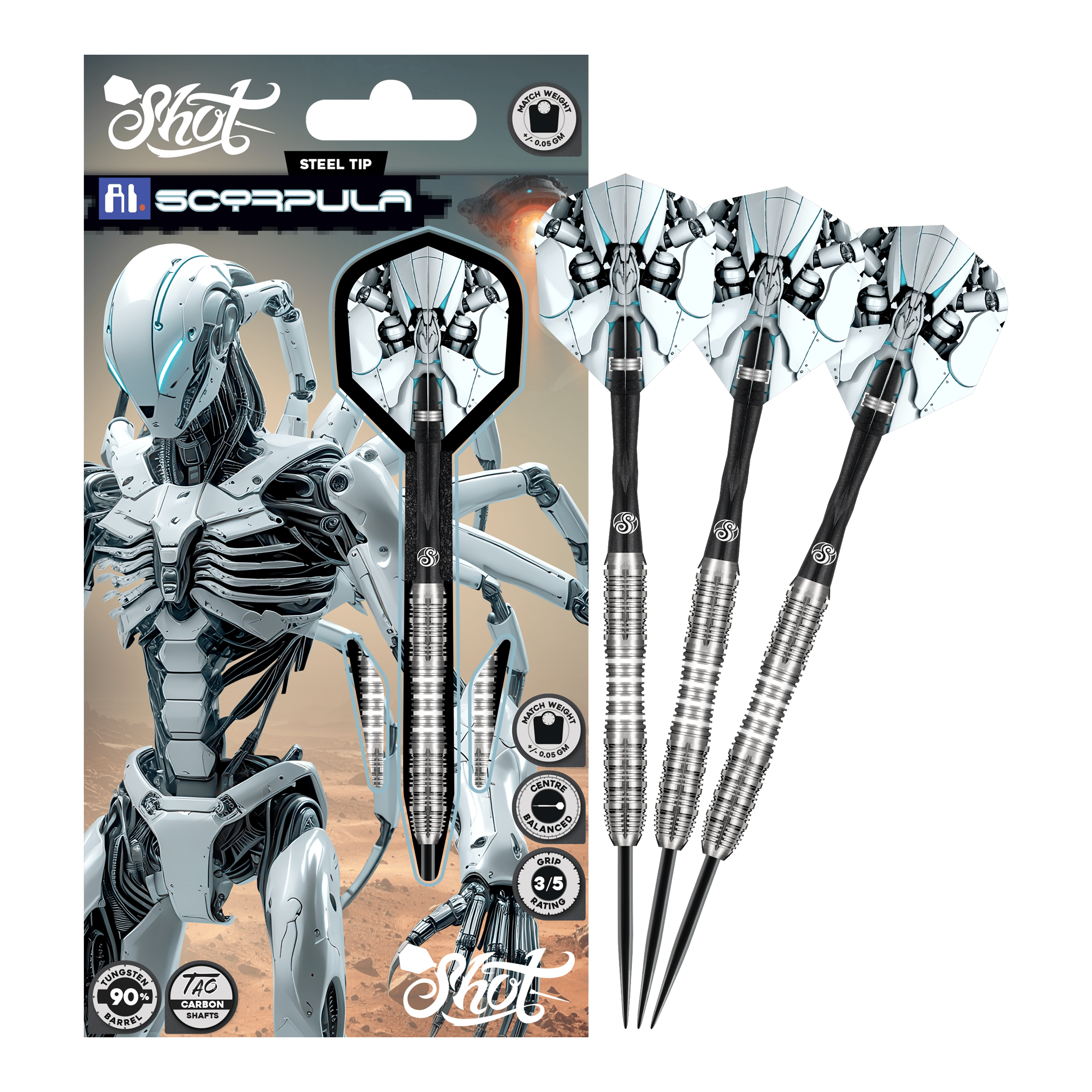 Shot AI Scorpula Steeldarts Zu sehen sind die Shot AI Scorpula Steeldarts in ihrer gesamten Länge. Das Produkt ist hochwertig verarbeitet.
