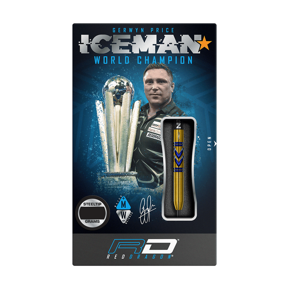 RD2546_Red_Dragon_Gerwyn_Price_Avalanche_Gold_Softdarts_34n7jsSUdfPMsj Die Verpackung zeigt die "Red Dragon Gerwyn Price Avalanche Gold Softdarts - 20g". Auf der Vorderseite sind das Dart-Design, ein Bild von Gerwyn Price und der Schriftzug "ICEMAN World Champion" zu sehen.