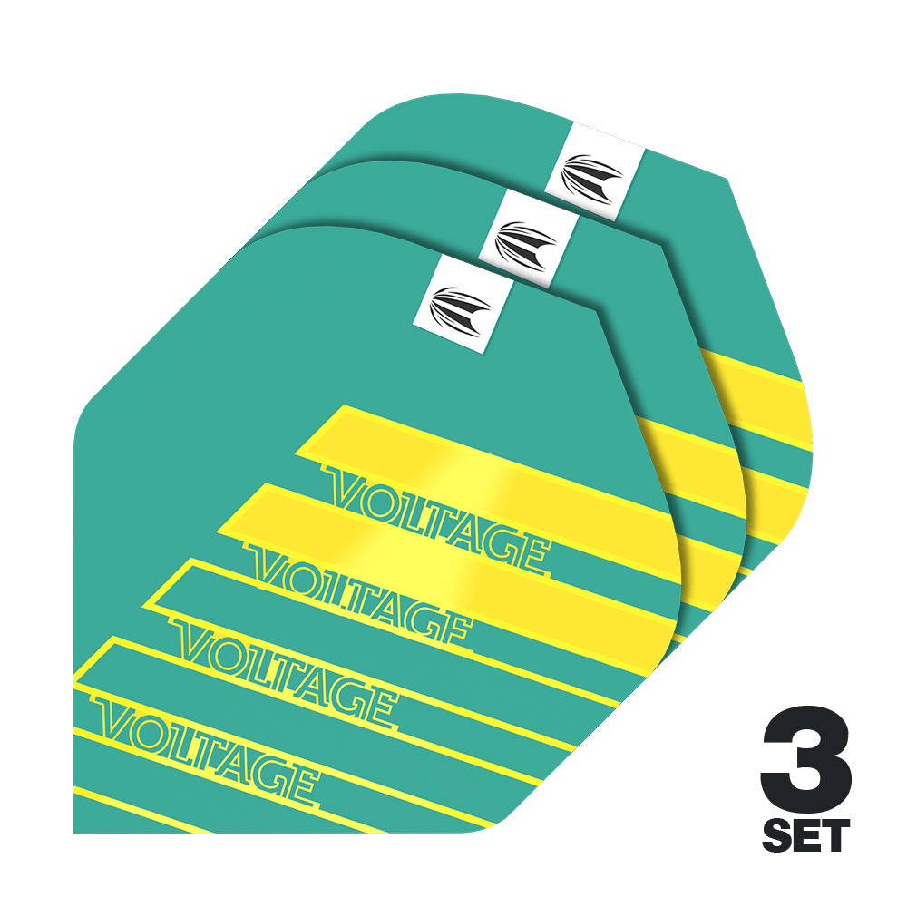 Target Pro Ultra Rob Cross Aqua No2 Standard Flights - 3 sady Das Bild zeigt drei Sets der Target Pro Ultra Rob Cross Aqua No2 Standard Flights. Die Flights sind türkis mit gelben Streifen und dem Schriftzug "VOLTAGE".