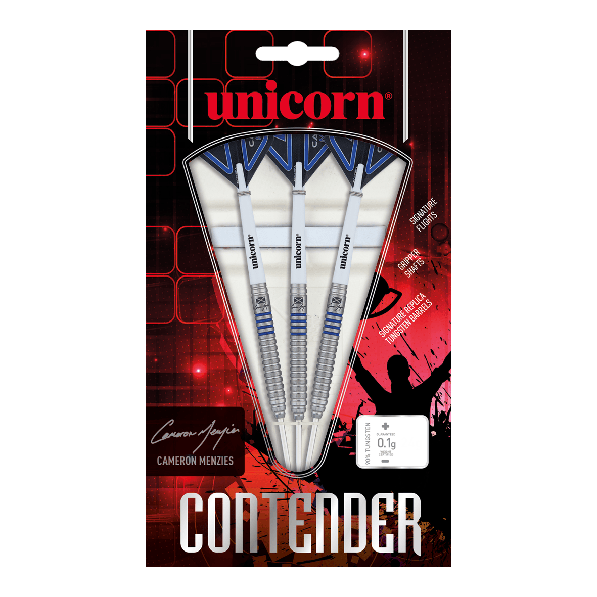 Unicorn Contender Camerion Menzies Steel Darts - 23g Das Bild zeigt eine Packung Unicorn Contender Camerion Menzies Steeldarts mit einem Gewicht von 23g. In der Verpackung befinden sich drei silberne Darts mit blauen Akzenten.