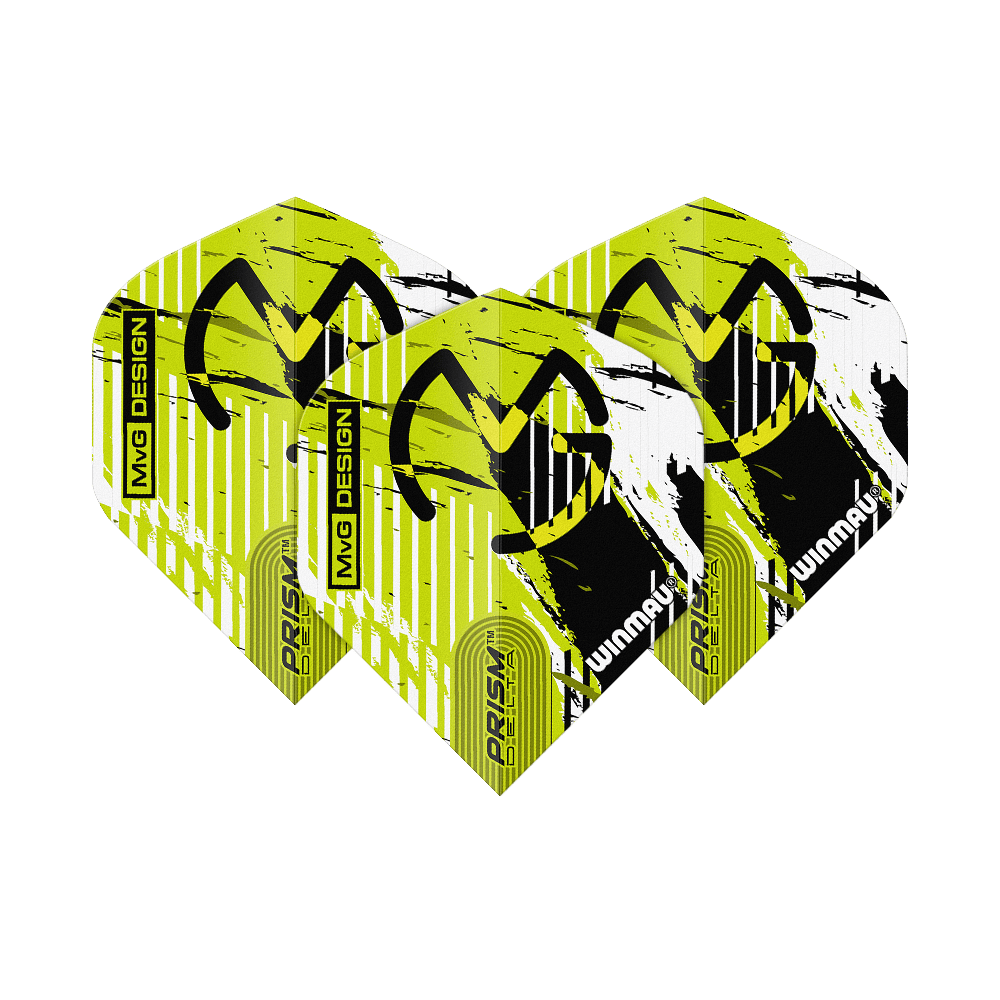 Winmau Delta Michael Van Gerwen Prisma 03 Voli standard Das Bild zeigt drei Dartflights des Modells "Winmau Delta Michael Van Gerwen Prism 03 Standard". Die Flights sind gelb-schwarz-weiß gestaltet und tragen das MVG-Logo sowie die Aufschrift "PRISM DELTA" und "WINMAU".