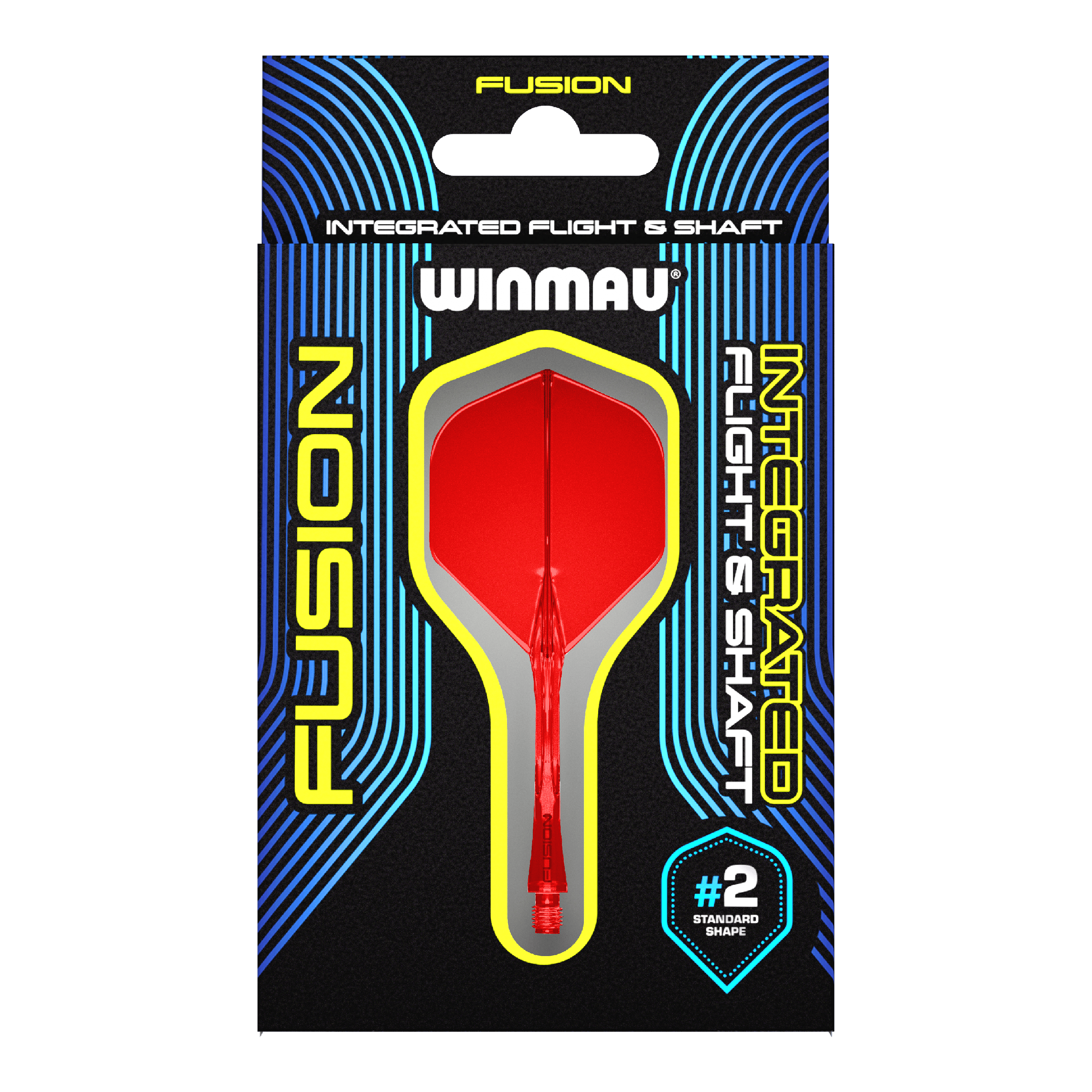 Sistema di alberi di volo Winmau Fusion standard rosso Das Bild zeigt eine Verpackung für das Winmau Fusion Integrated Flight & Shaft System in Rot. Im Mittelpunkt ist ein integrierter Dart-Flügel mit Schaft der Größe #2 im Standard-Shape zu sehen.