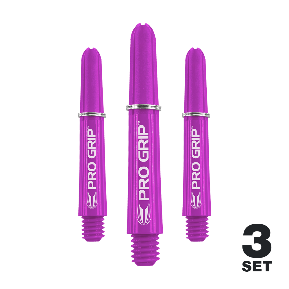 Tiges Target Pro Grip - 3 jeux - Violet Das Bild zeigt drei lila Dartshafts der Marke PRO GRIP. In der rechten unteren Ecke steht „3 SET“, was auf ein Set mit drei Stück hinweist.