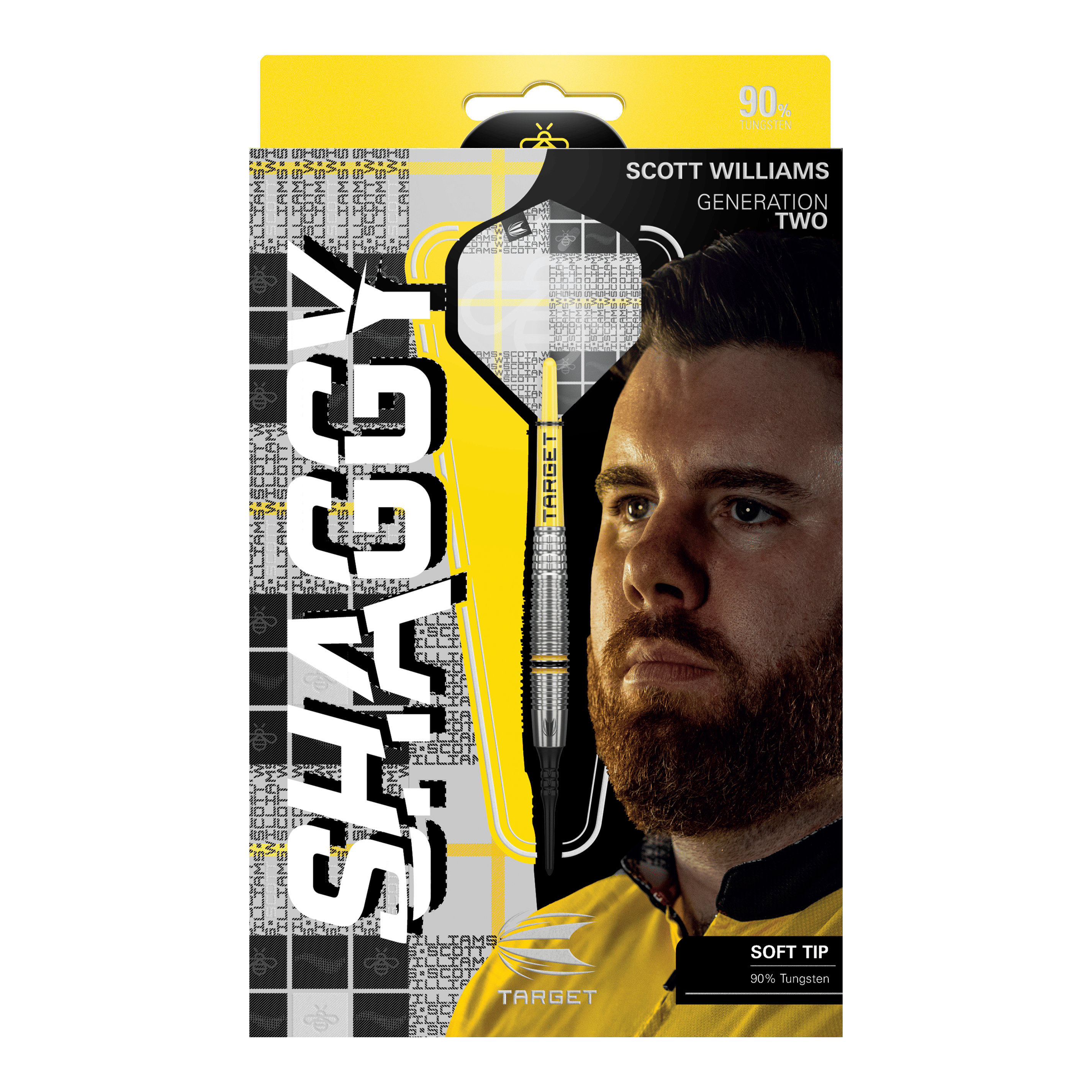 Dardos blandos Target Scott Williams GEN2 - 18 g Das Bild zeigt die Verpackung der "Target Scott Williams GEN2 Softdarts - 18g". Auf der Vorderseite sind ein Dartpfeil, das Gesicht von Scott Williams und der Schriftzug "SHAGGY" prominent zu sehen.