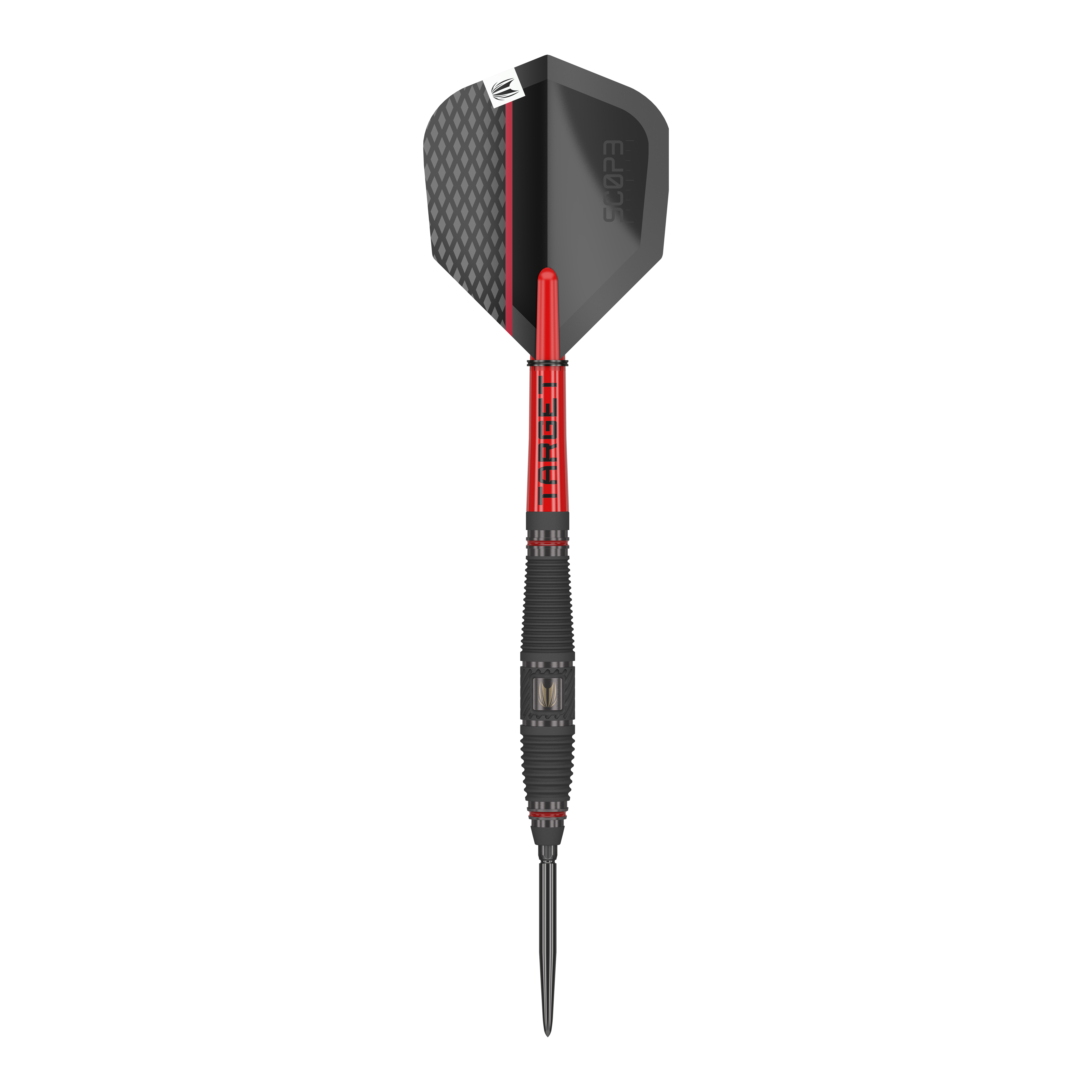 Dardos de acero Target Scope 03 Swiss Point Das Bild zeigt einen Target Scope 03 Swiss Point Steeldart. Der Dart hat ein modernes Design mit schwarzen und roten Elementen sowie einer strukturierten Griffzone.