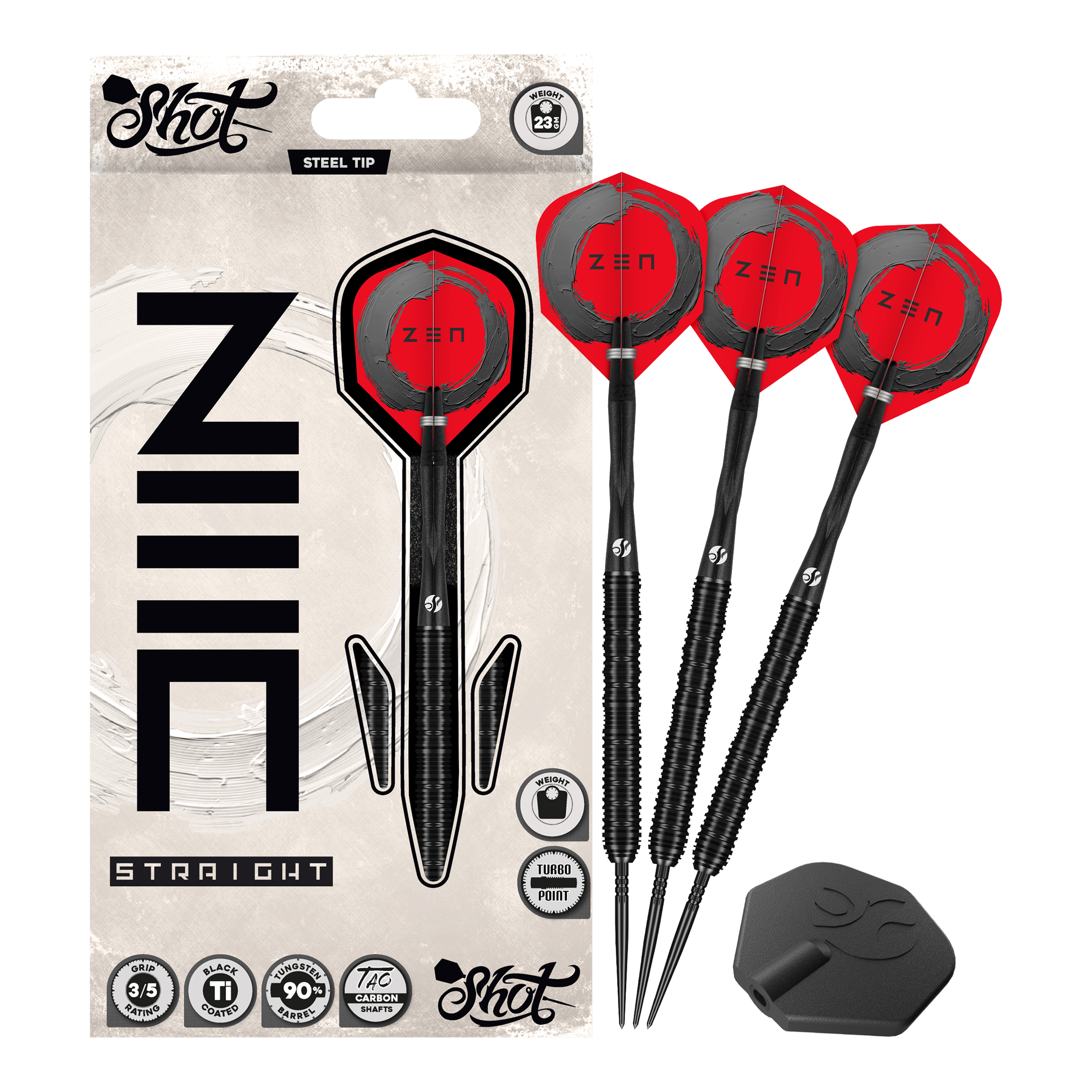Lotki stalowe Shot ZEN Straight Turbo Point - 23 g Das Bild zeigt Shot ZEN Straight Turbo Point Steeldarts - 23g in voller Länge. Die Steeldarts werden vollständig dargestellt.