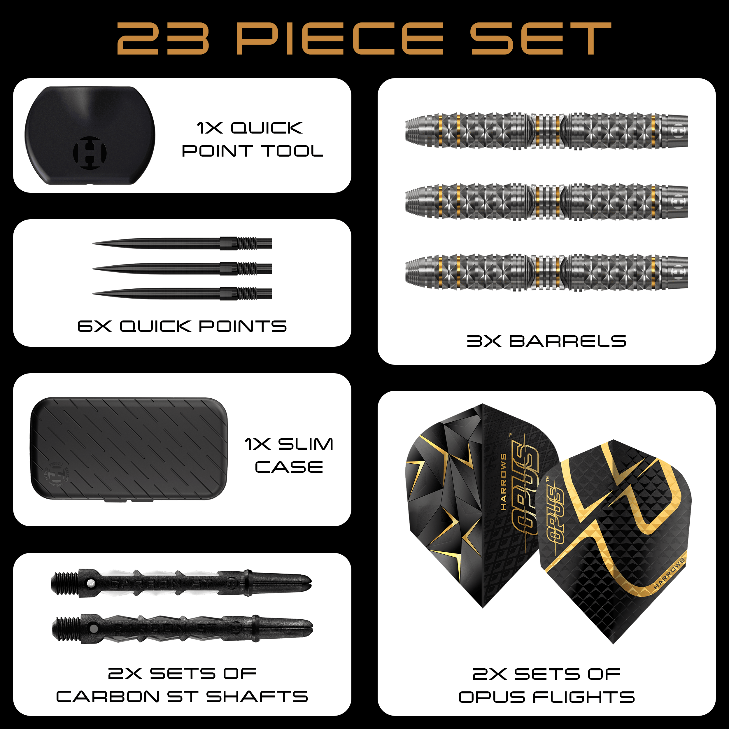Fléchettes en acier Harrow's Opus Quick Point Auf dem Bild sind die Harrows Opus Quick Point Steeldarts mit 23g zu sehen. Diese Darts eignen sich für das Steeldartspiel.