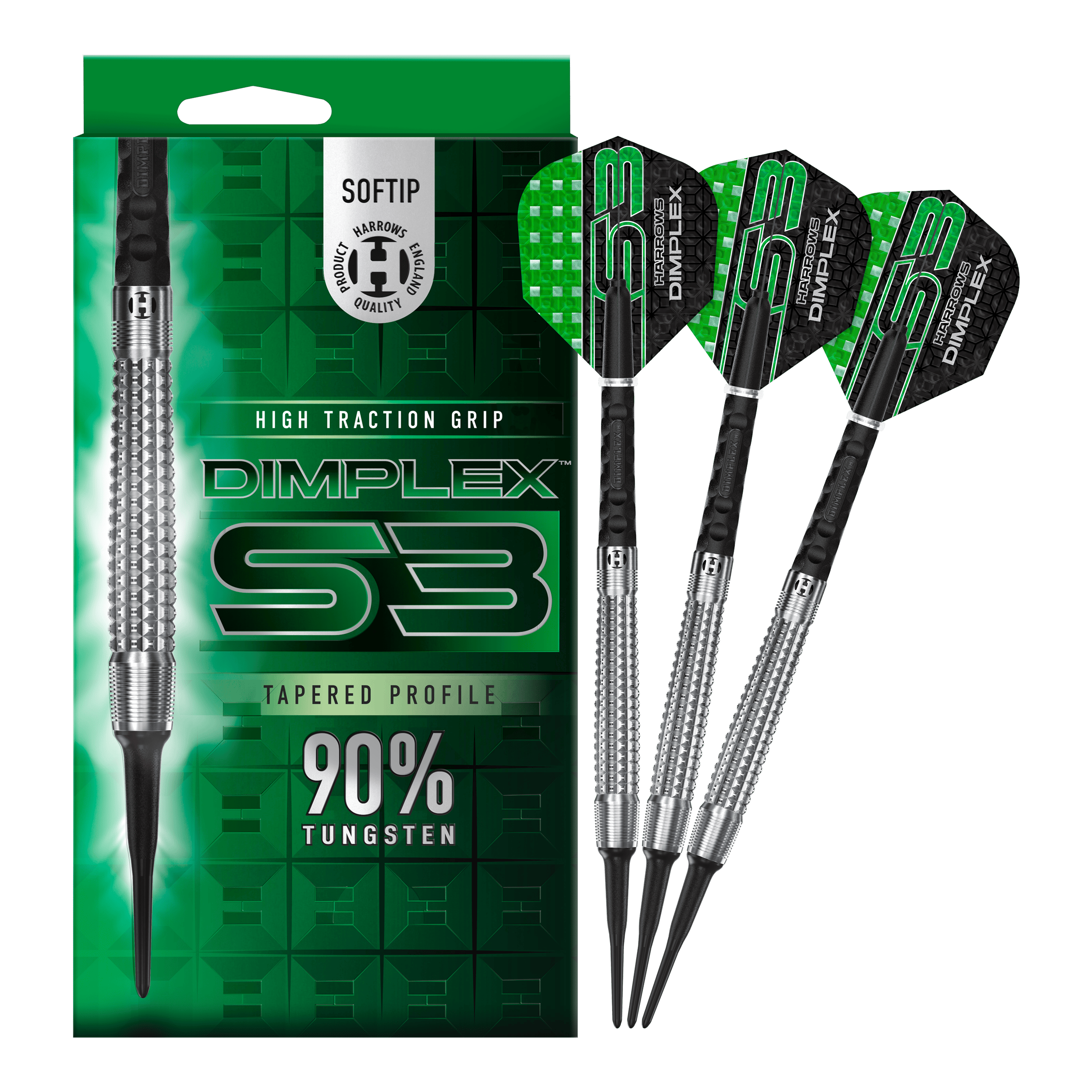 Fléchettes souples coniques Harrows Dimplex S3 Das Bild zeigt eine Packung und drei Softdarts der Marke "Harrows Dimplex S3 Tapered". Die Darts bestehen zu 90 % aus Tungsten und haben eine hohe Grifftraktion.