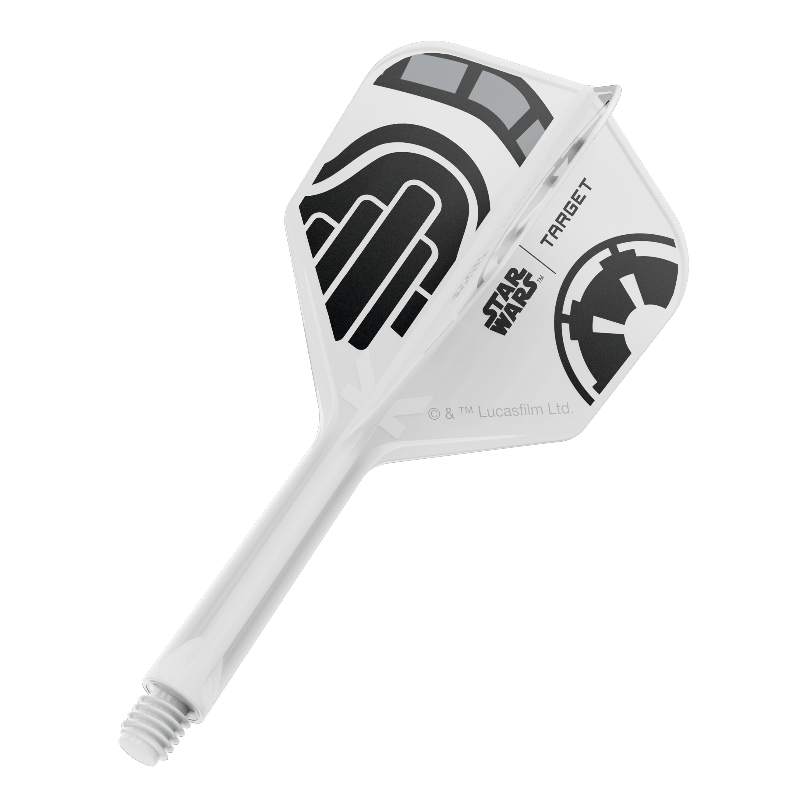 Target Star Wars K-Flex Stormtrooper No6 Flights Ein Dart-Flight aus der Star Wars KFlex Stormtrooper No6 Serie ist auf dem Bild. Der Flight ist intermediate und misst 26 mm.