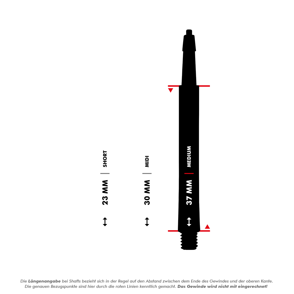 Das Bild zeigt die Harrows Clic Standard Shafts in Schwarz in drei verschiedenen Längen. Die Längen sind 23 mm (Short), 30 mm (Midi) und 37 mm (Medium).