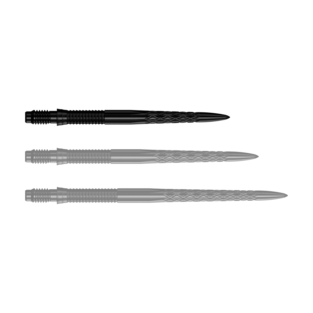 Mission R2.5 Rapid Point DSX Dartspitzen - Schwarz Das Bild zeigt eine Reihe von schwarzen Dartspitzen mit der Bezeichnung 30mm. Die Spitze ist für den Einsatz in Darts geeignet.