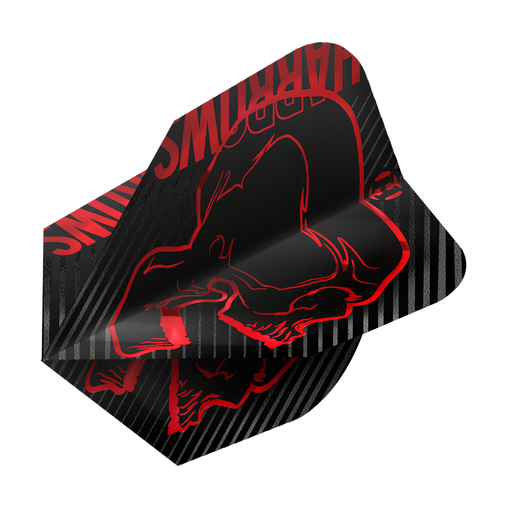 Voli Harrows Rage Red No6 Das Bild zeigt das Produkt "Harrows Rage Red No6 Flights". Die Flights sind schwarz mit roten Grafiken und Streifen verziert.