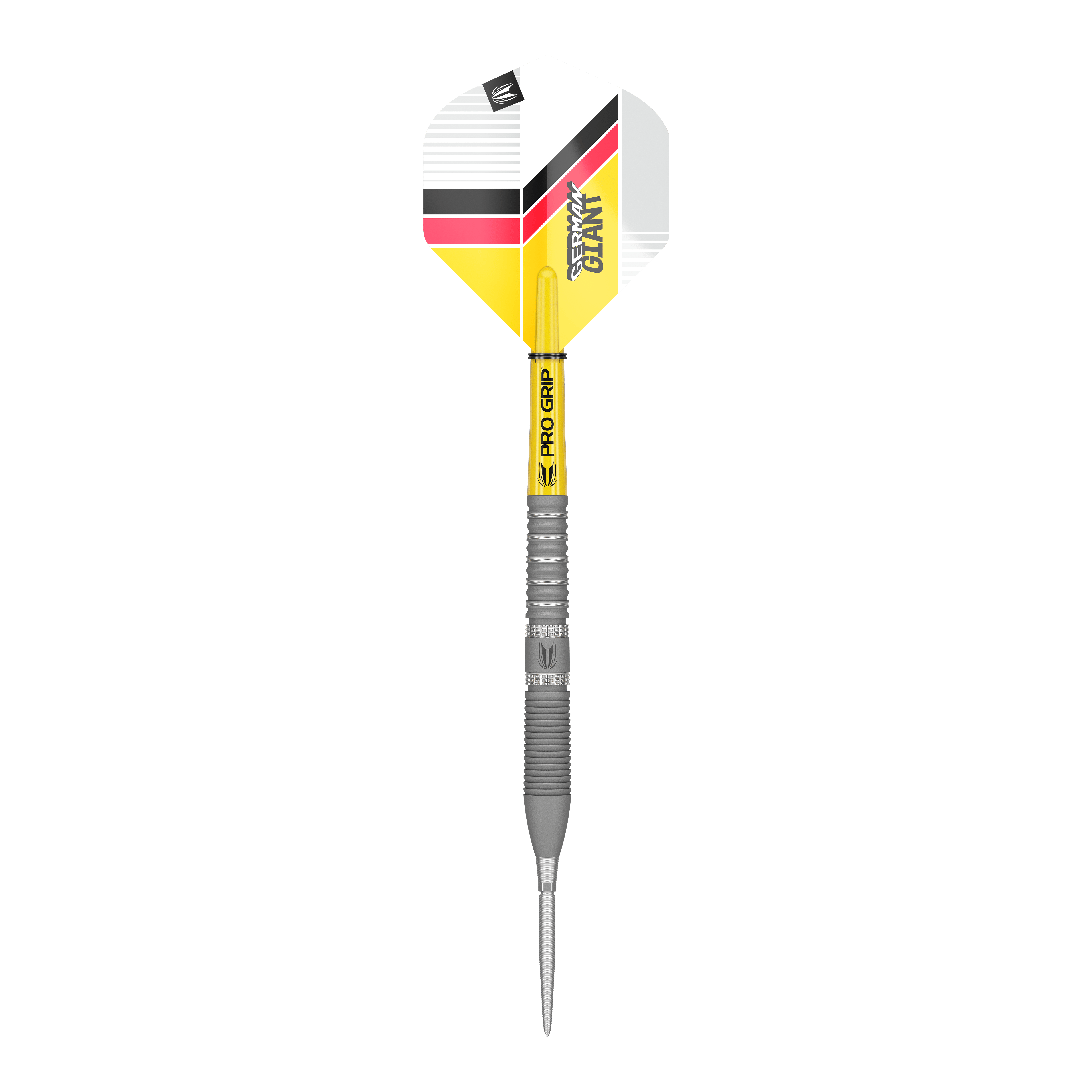 Target Gabriel Clemens GEN2 Swiss Point Steeldarts Das Bild zeigt einen Target Gabriel Clemens GEN2 Swiss Point Steeldart. Der Dart hat eine silberne Spitze und Schaft sowie gelbe, schwarze und rote Akzente auf dem Flight.
