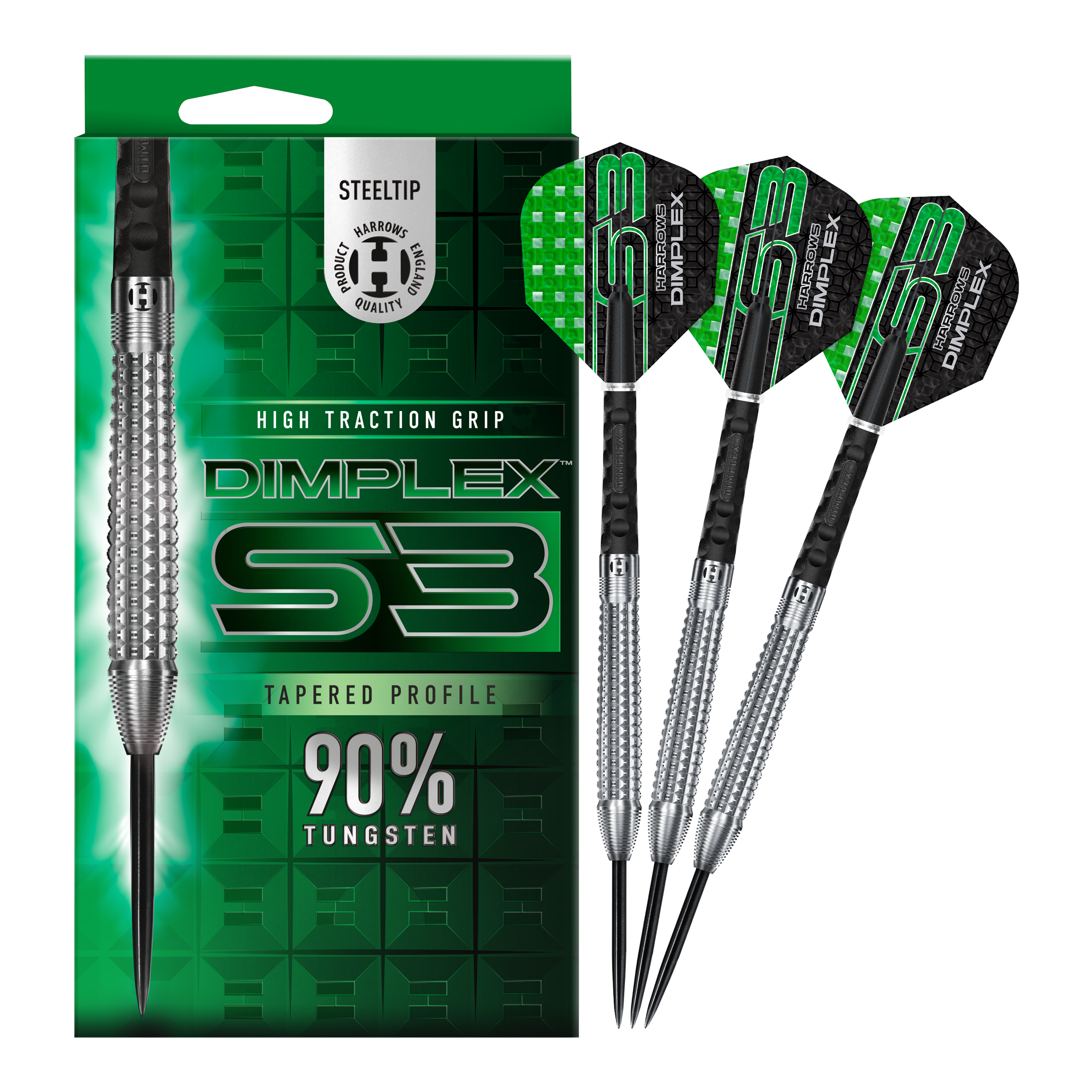 Šipky Harrows Dimplex S3 Tapered Steel Ein weiteres Bild der Harrows Dimplex S3 Tapered Steeldarts. Die Darts liegen nebeneinander.