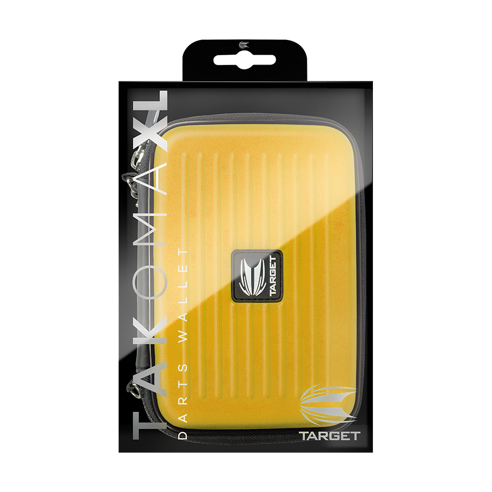 125857_Target_Takoma_XL_Dartwallet_Gelb_3 Das Bild zeigt eine gelbe Darttasche namens "Target Takoma XL Dartwallet" in ihrer Verpackung. Auf der Verpackung sind der Markenname und das Logo von Target zu sehen.