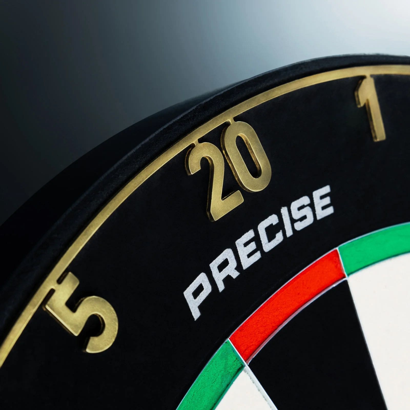 Precise 180 OnePiece Lasercut Zahlenring Das Bild zeigt einen goldenen Zahlenring mit Lasercut-Design für Dartboards. Es ist das Modell Precise 180 OnePiece.