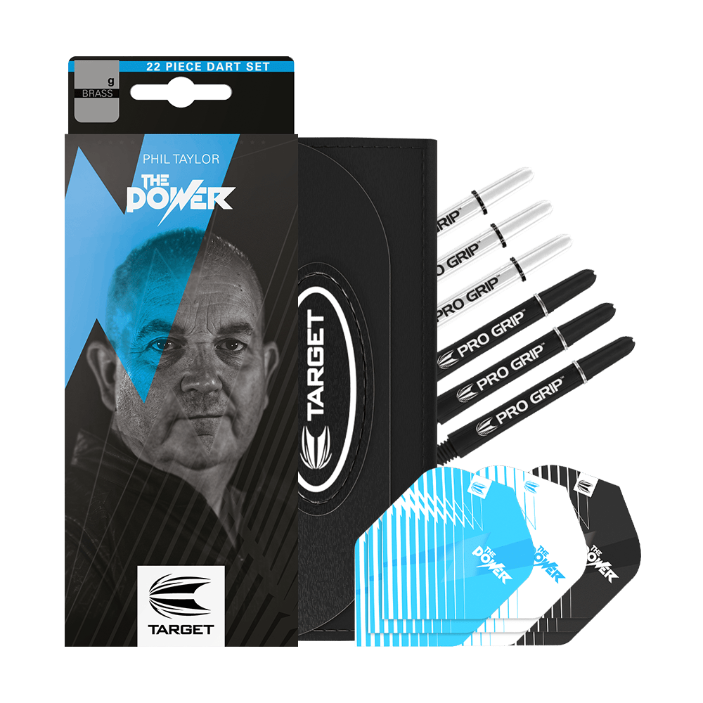 170003_Target_Phil_Taylor_Brass_Steeldarts_3VHFC4VE4ICOeK Das Bild zeigt das Produkt "Target Phil Taylor Brass Steeldarts - 22g" mit Zubehörteilen wie Flights und Shafts. Auf der Verpackung ist ein Porträt von Phil Taylor sowie das Logo von Target abgebildet.