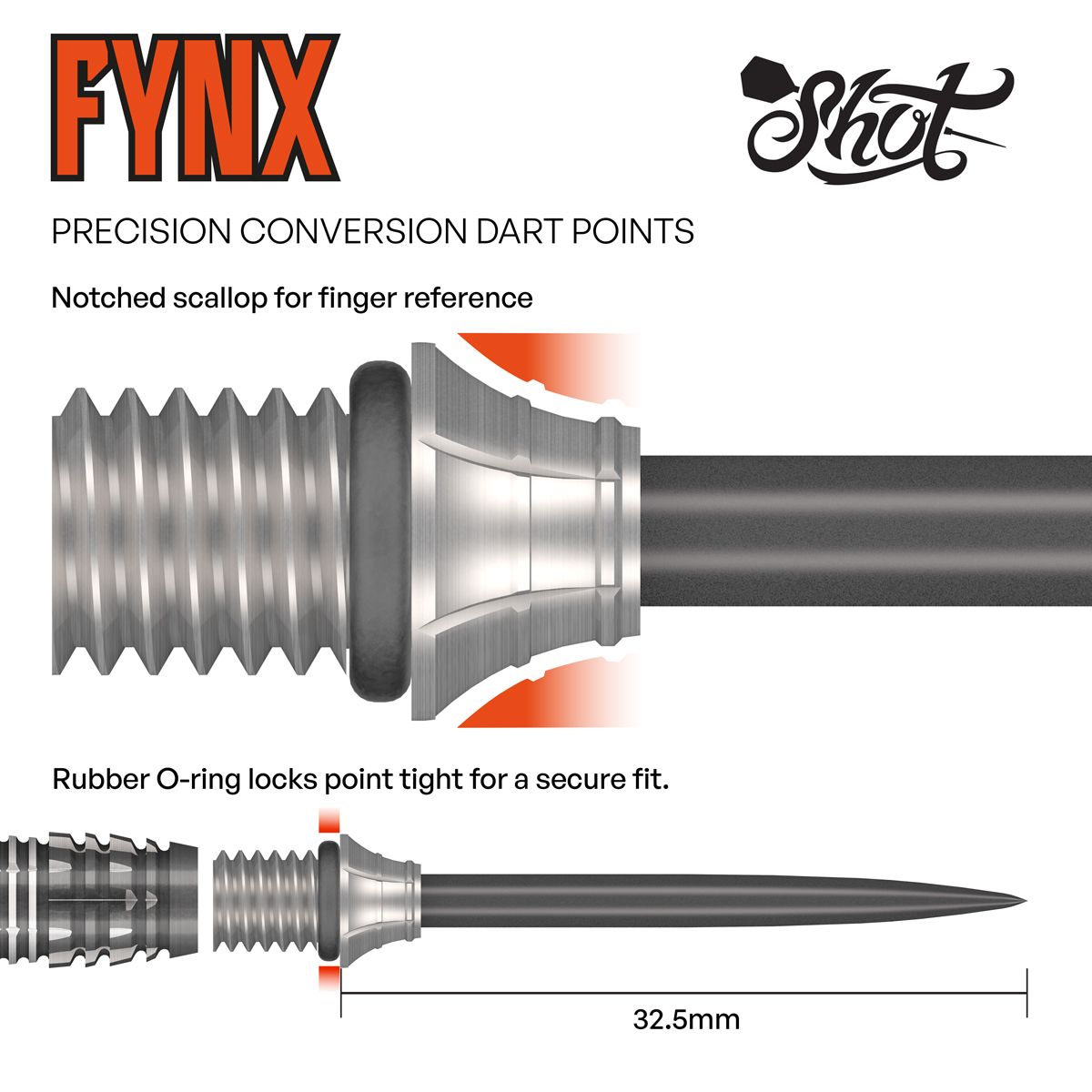 Konverzní hroty Shot Fynx - 32mm Dieses Bild stellt die Shot Fynx Conversion Points mit 32 mm Länge dar. Die Dartspitzen sind für eine einfache Umrüstung geeignet.