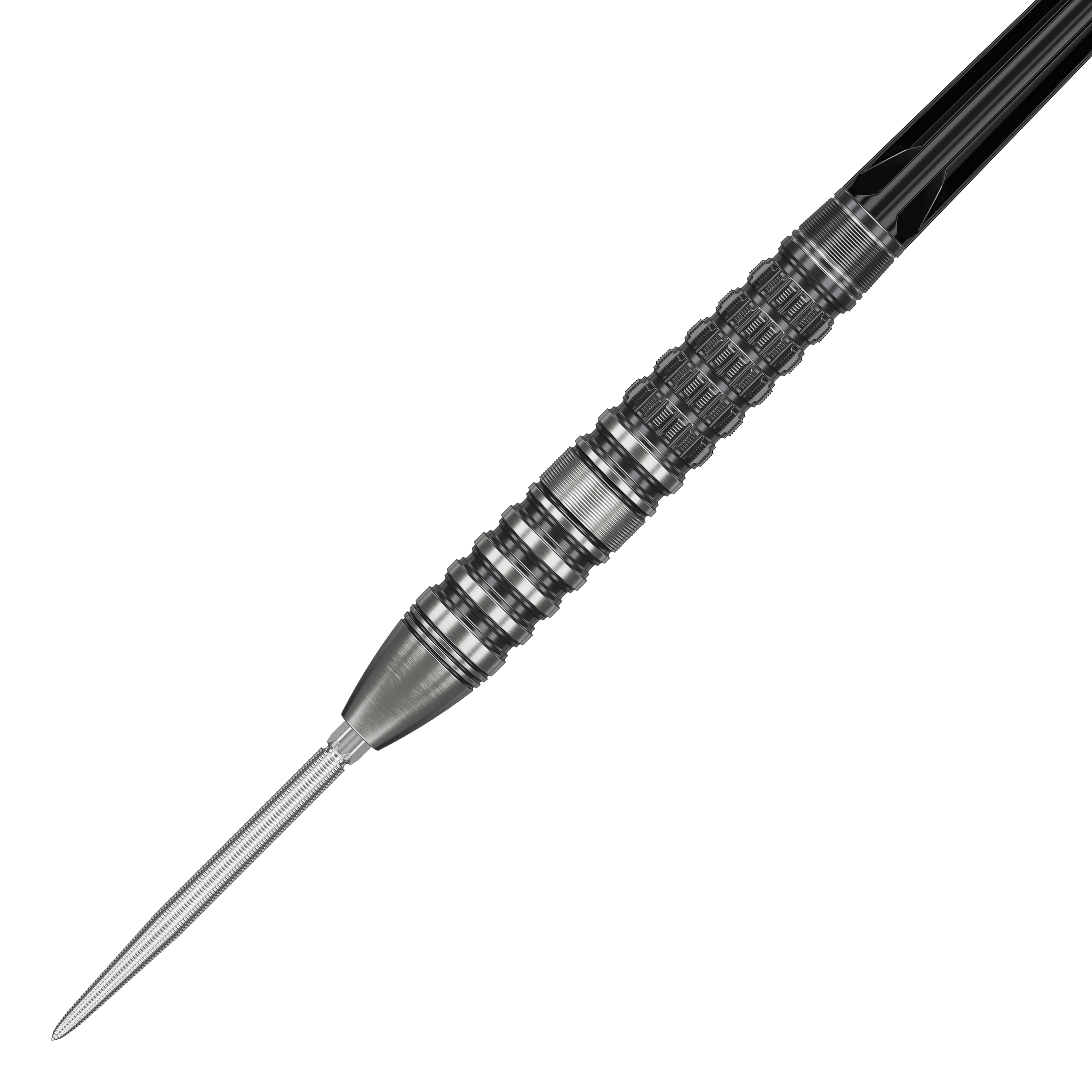 Target Japan Black Marque Lumiere GEN3 Steeldarts Das Bild zeigt den Target Japan Black Marque Lumiere GEN3 Steeldart. Der Dart hat ein silbernes, fein strukturiertes Barrel mit schwarzen Akzenten und einer scharfen Spitze.